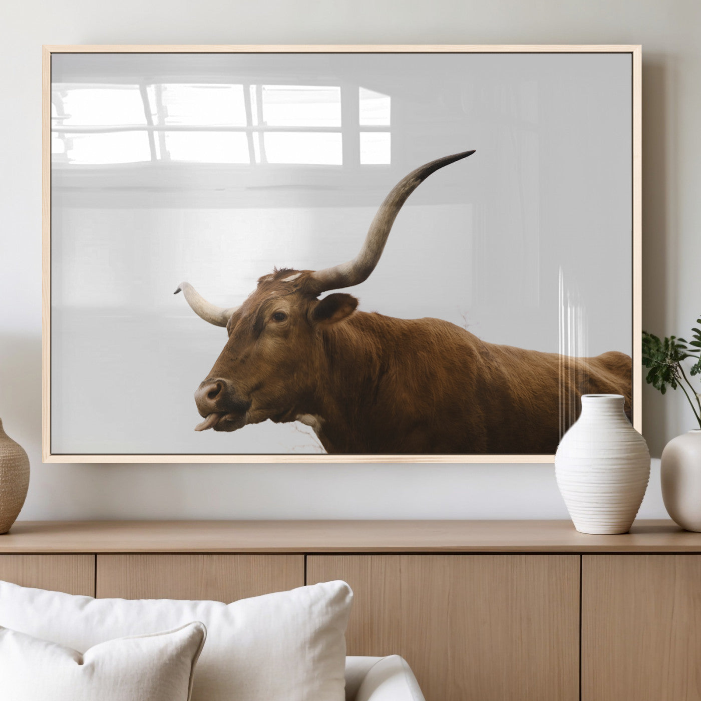 Side view of a brown Longhorn cow with curved horns on white background, perfect for rustic farmhouse or western-style home decor.