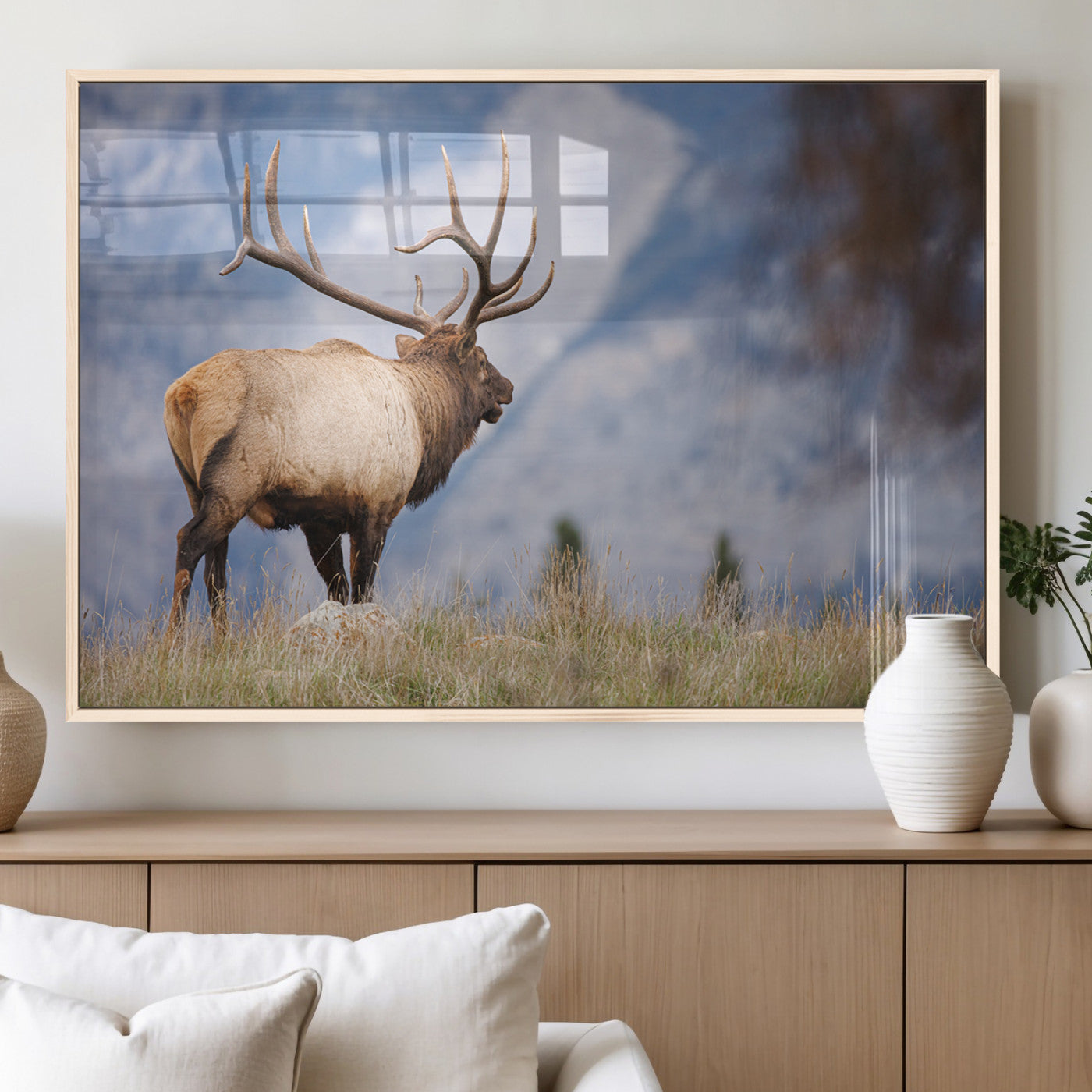 Elk with antlers standing on grass with mountain background, ideal for rustic, cabin, or lodge-inspired wall decor.