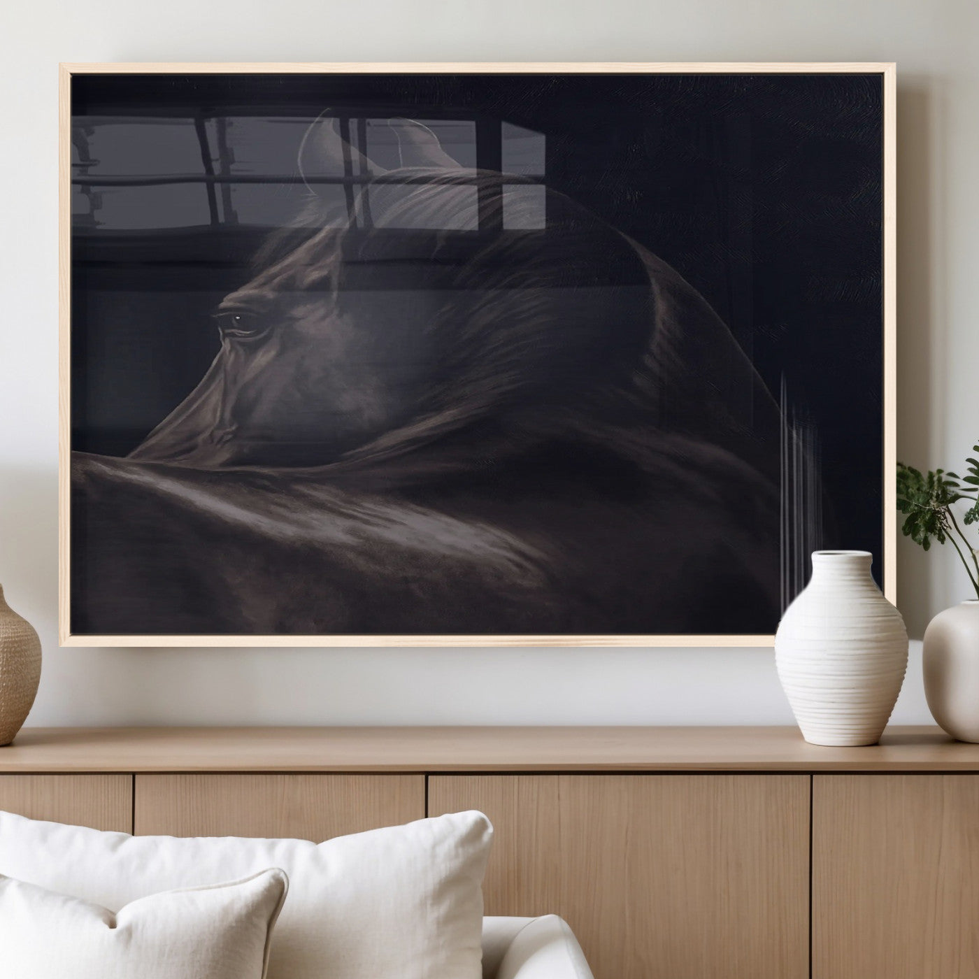 Moody black horse portrait with dramatic lighting on dark background, ideal for rustic, modern or Western style home decor.