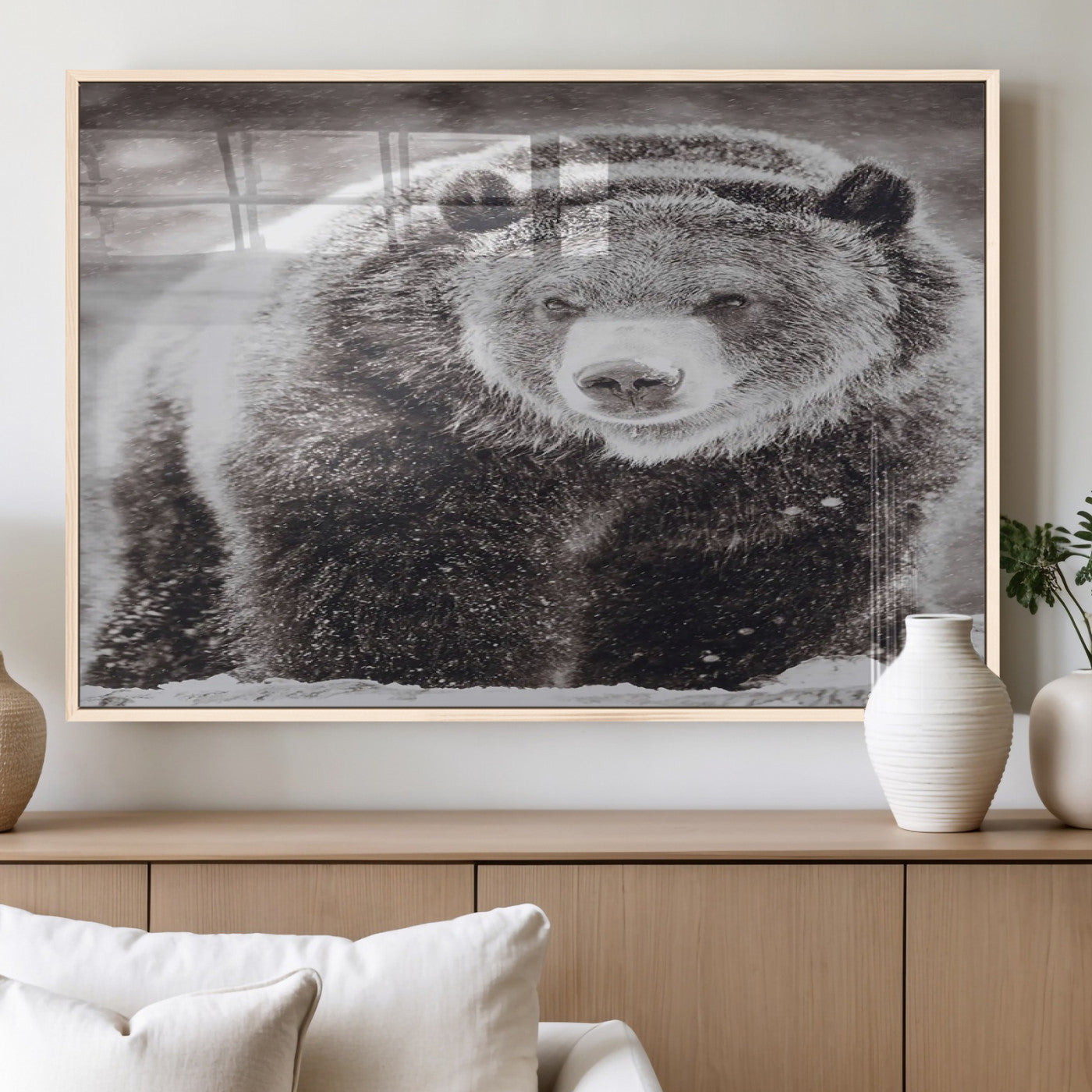 Snow-covered grizzly bear in black and white, ideal for rustic lodge, cabin or wildlife-themed home wall decor.