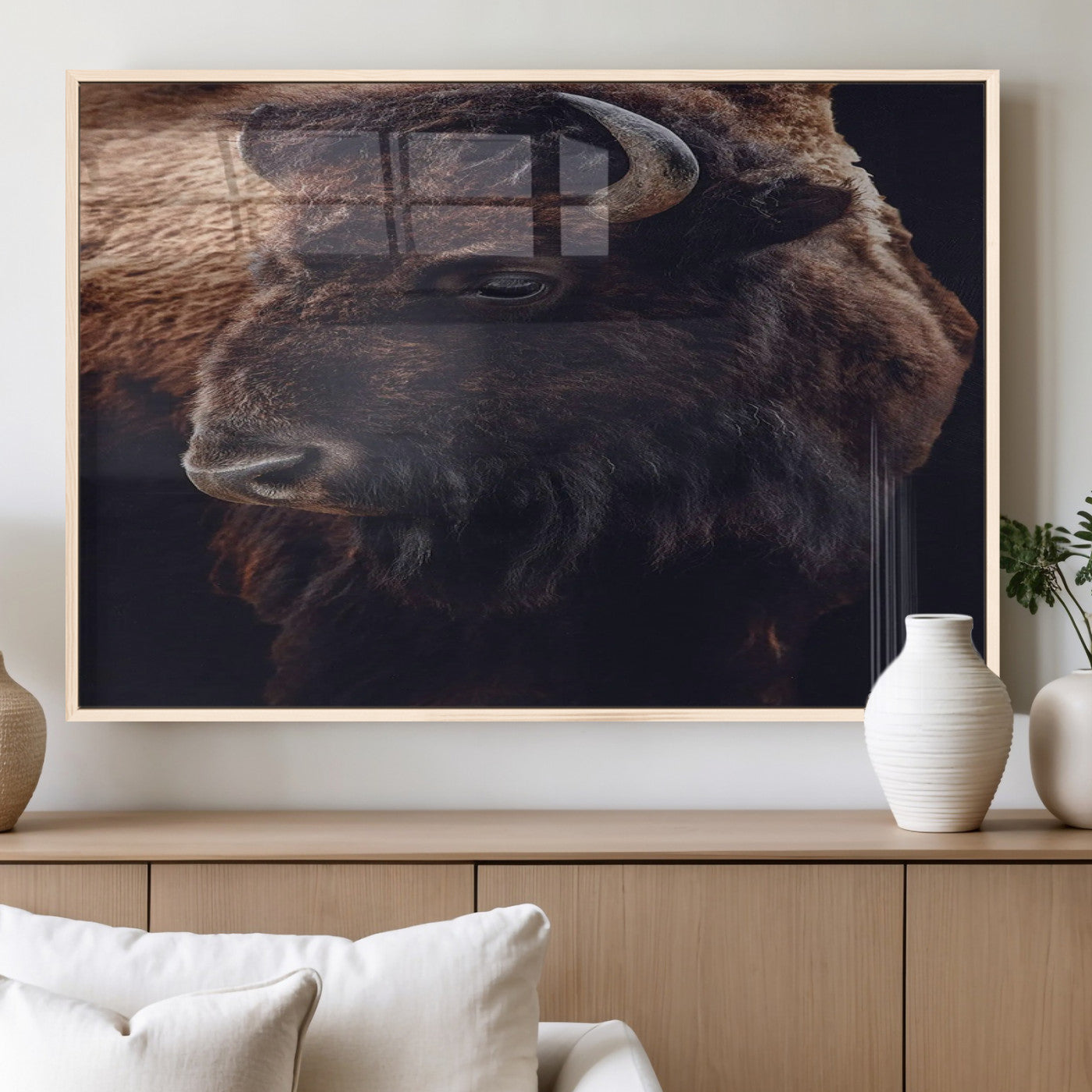 Close-up portrait of a bison with dark fur on a black background, perfect for rustic, lodge, or Western-style interior wall decor.