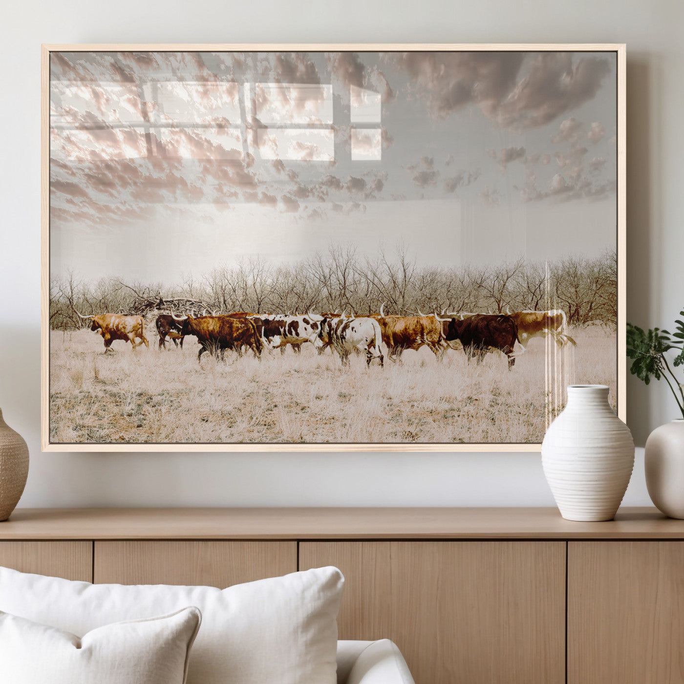 64892775-MGV-FP-60X30-3P_Natural-Longhorn Cattle Wall Art Canvas Print, Framed Texas Ranch Art Picture Print, Western Cow Perfect