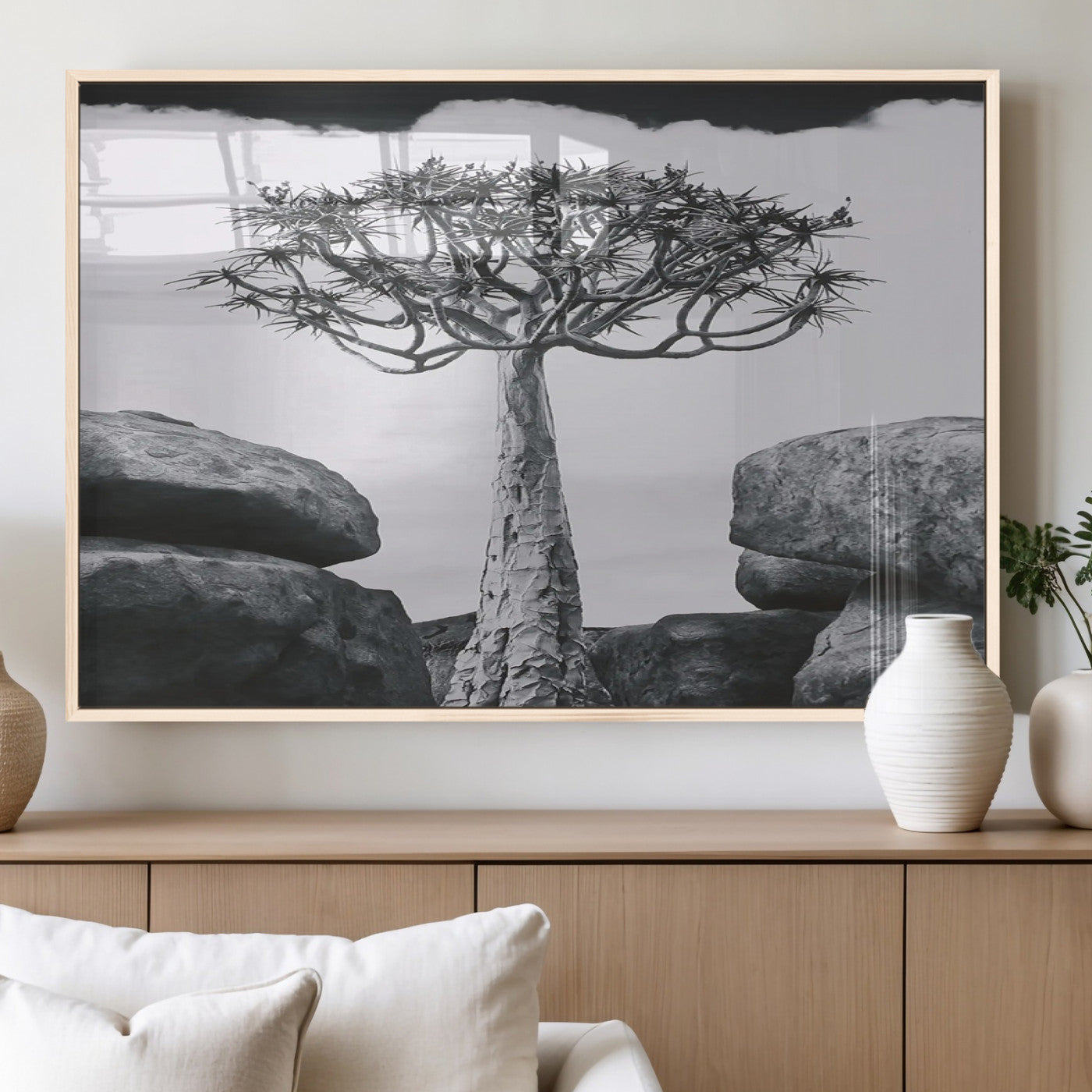 Black and white Joshua tree with bold rocky background, ideal for minimalist or desert-inspired home wall decoration.