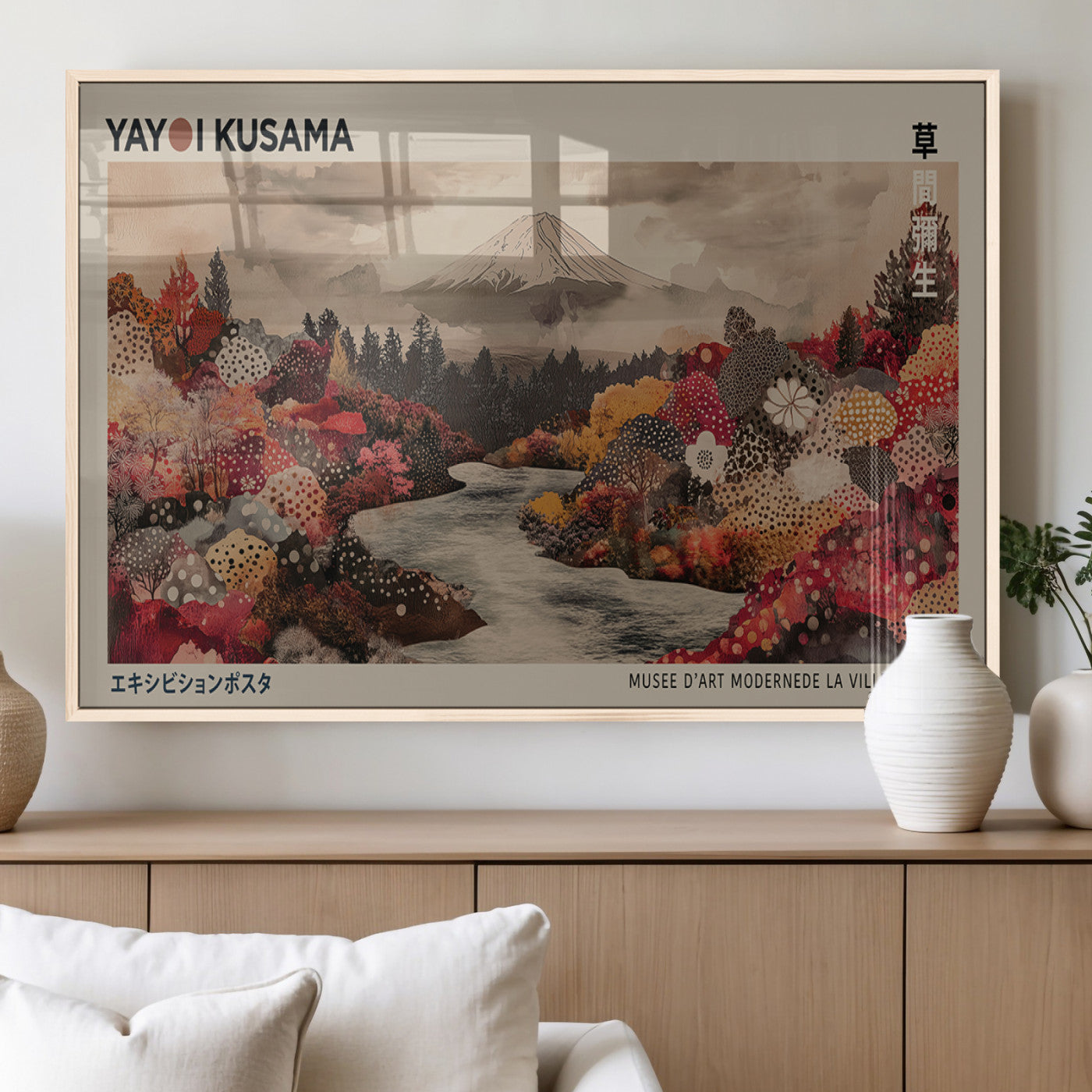 MGV-FP-60X30-3P - Modern Japanese Wall Art Print Yayoi Kusama Canvas Wall Art Abstract Mount Fuji Canvas Print