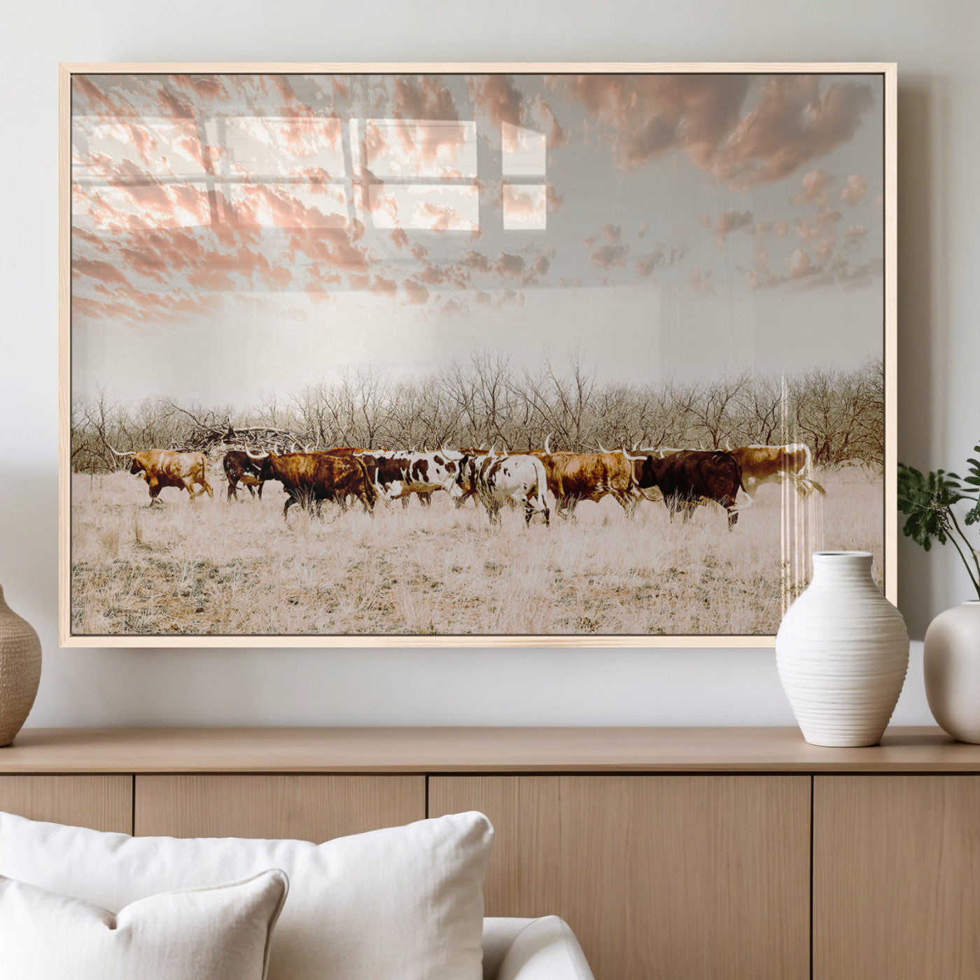 Cattle herd in a soft-toned field under a pastel pink sky, creating a peaceful rustic feel, perfect for farmhouse or western-themed spaces.