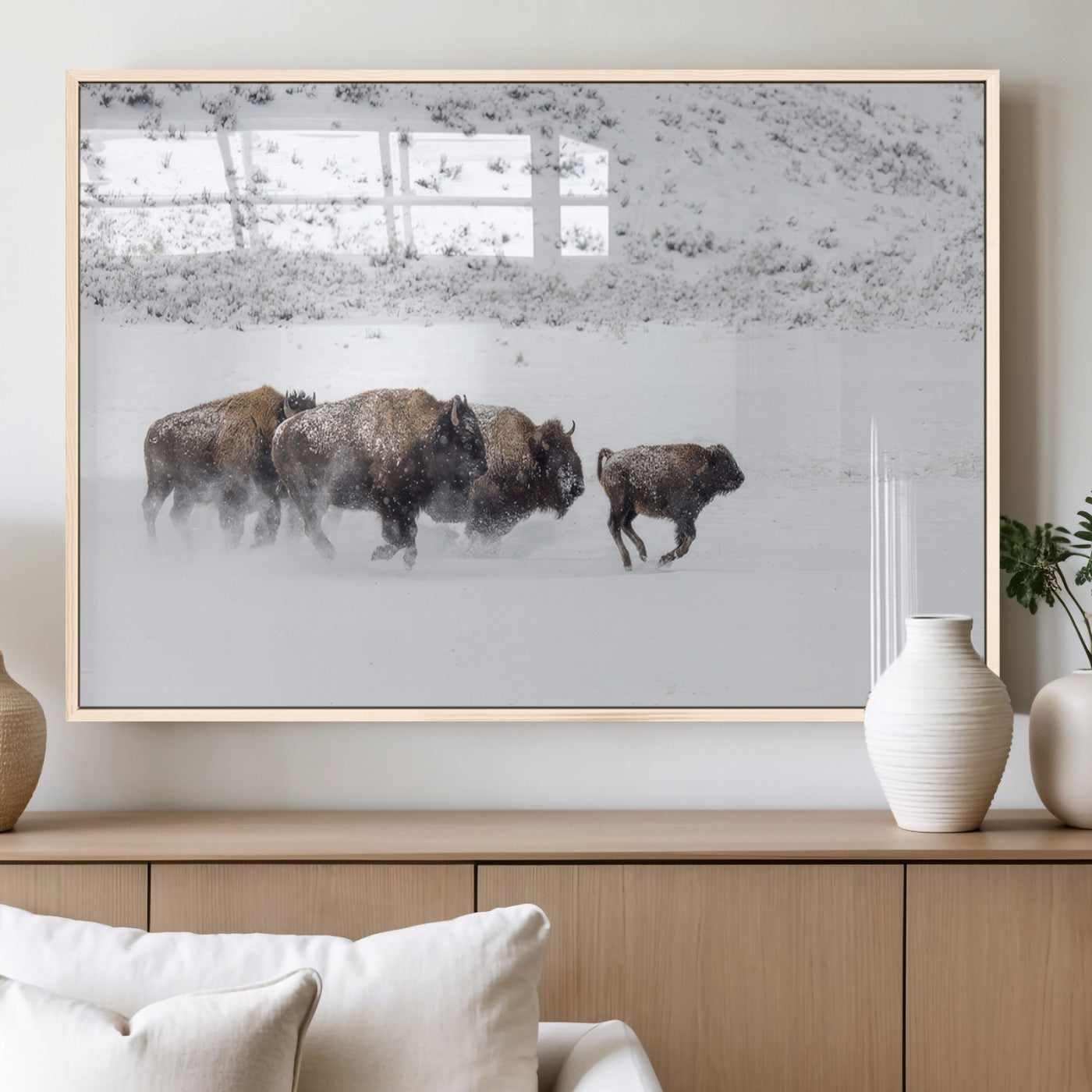 Bison herd running through a snowy open field with mountain backdrop, perfect for rustic or western-themed wall decoration.