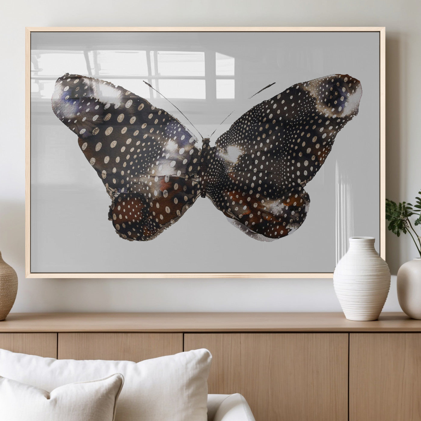 MGV-FP-36X24-3P - Spotted Butterfly Wall Art Canvas Print, Framed Neutral Insect Theme Art Picture Print, Earthy Wing Pattern Perfect Modern Rustic Decor Artwork
