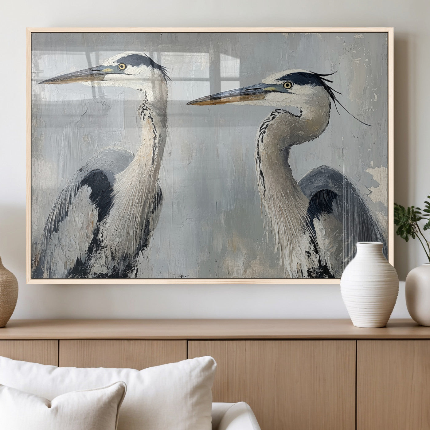 Two elegant herons in profile with soft brush strokes and blue-grey tones, ideal for serene, coastal, or minimalist interior decor.