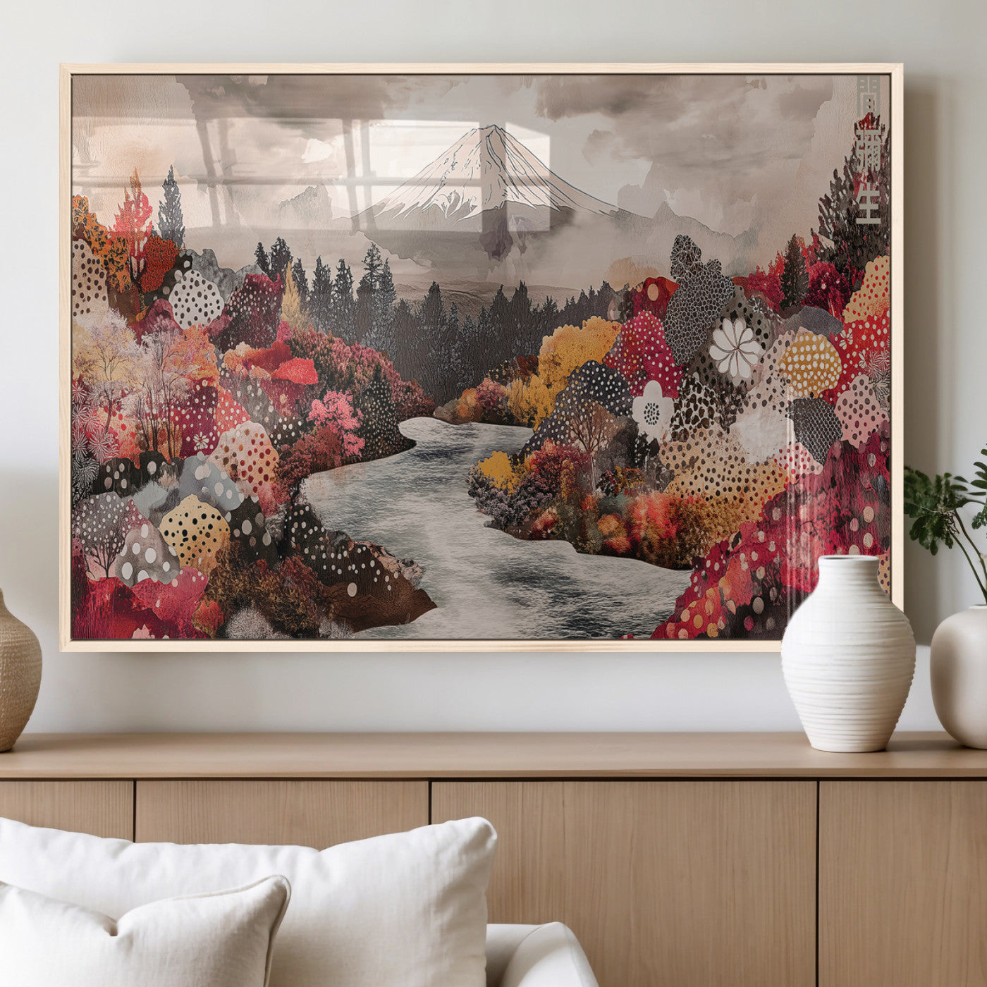 A whimsical mountain landscape with floral autumn trees, river, and misty peak, ideal for cozy, cottagecore, and nature-inspired wall decor.