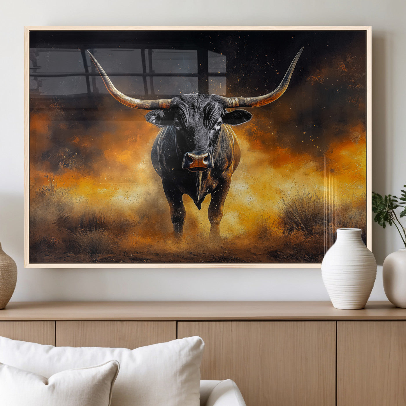 MGV-FP-60X30-3P - Longhorn Canvas Wall Art Canvas Print, Framed Bold Bull Wall Art Art Picture Print, Western Animal Decor Perfect Western Dramatic Decor Artwork