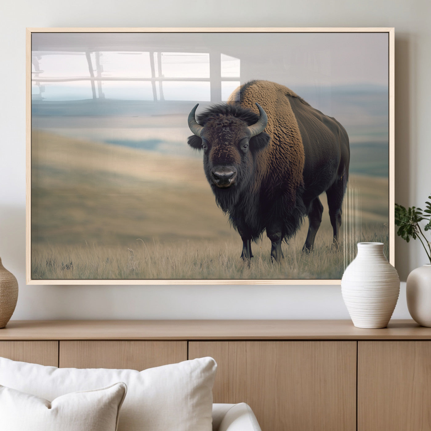 A bison standing strong on a grassy prairie with rolling hills in the background, perfect for rustic and Western-inspired wall decor.