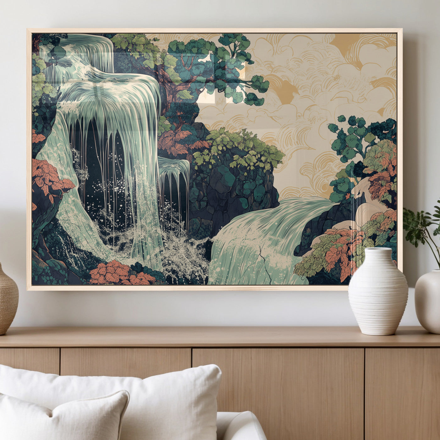 Stylized waterfall flowing through rocky terrain and lush foliage in an oriental art style, ideal for peaceful and nature-themed interiors.