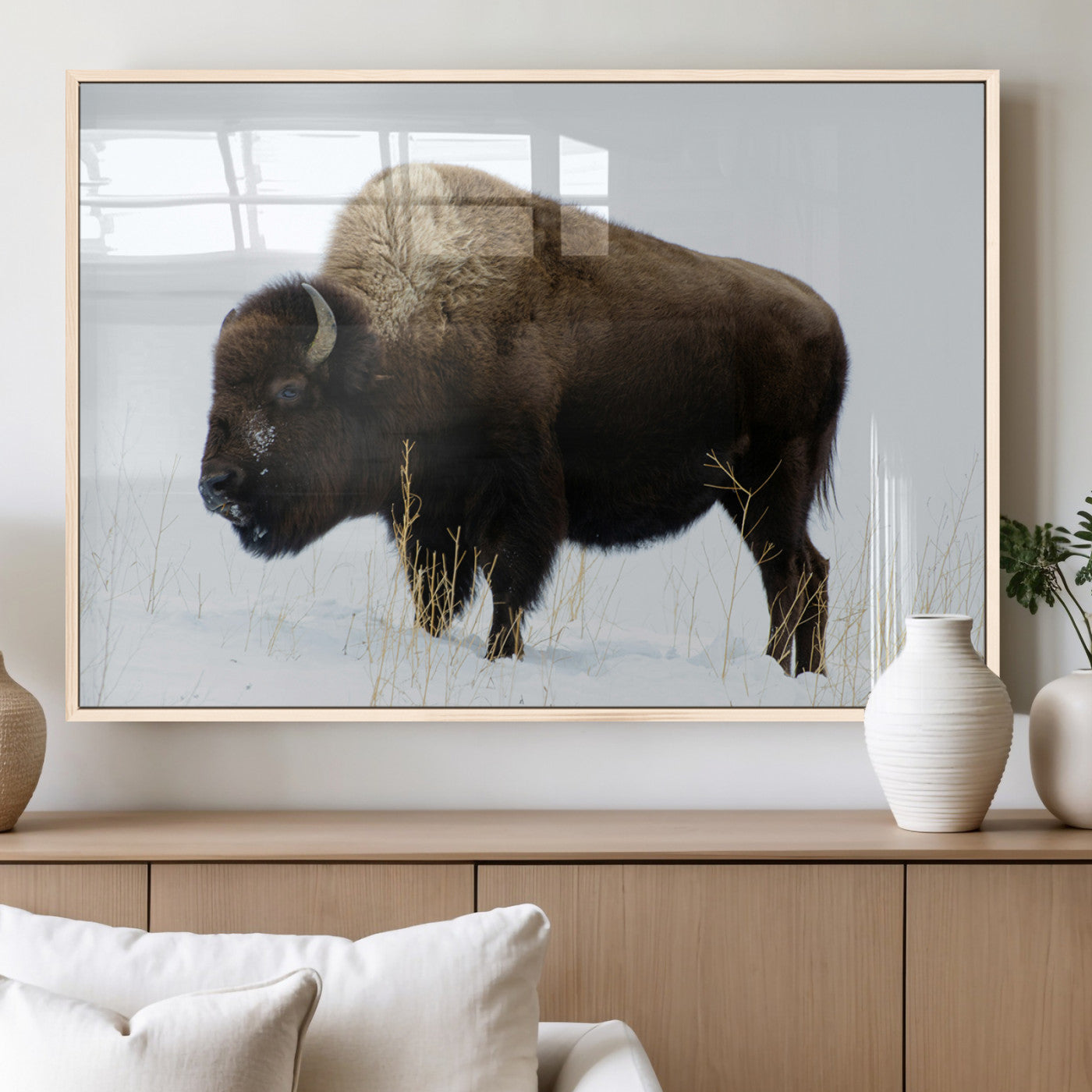 MGV-FP-60X30-3P - Bison Photography Wall Art Canvas Print, Framed Western Wildlife Art Picture Print, Buffalo On Snow Perfect Western Decor Artwork