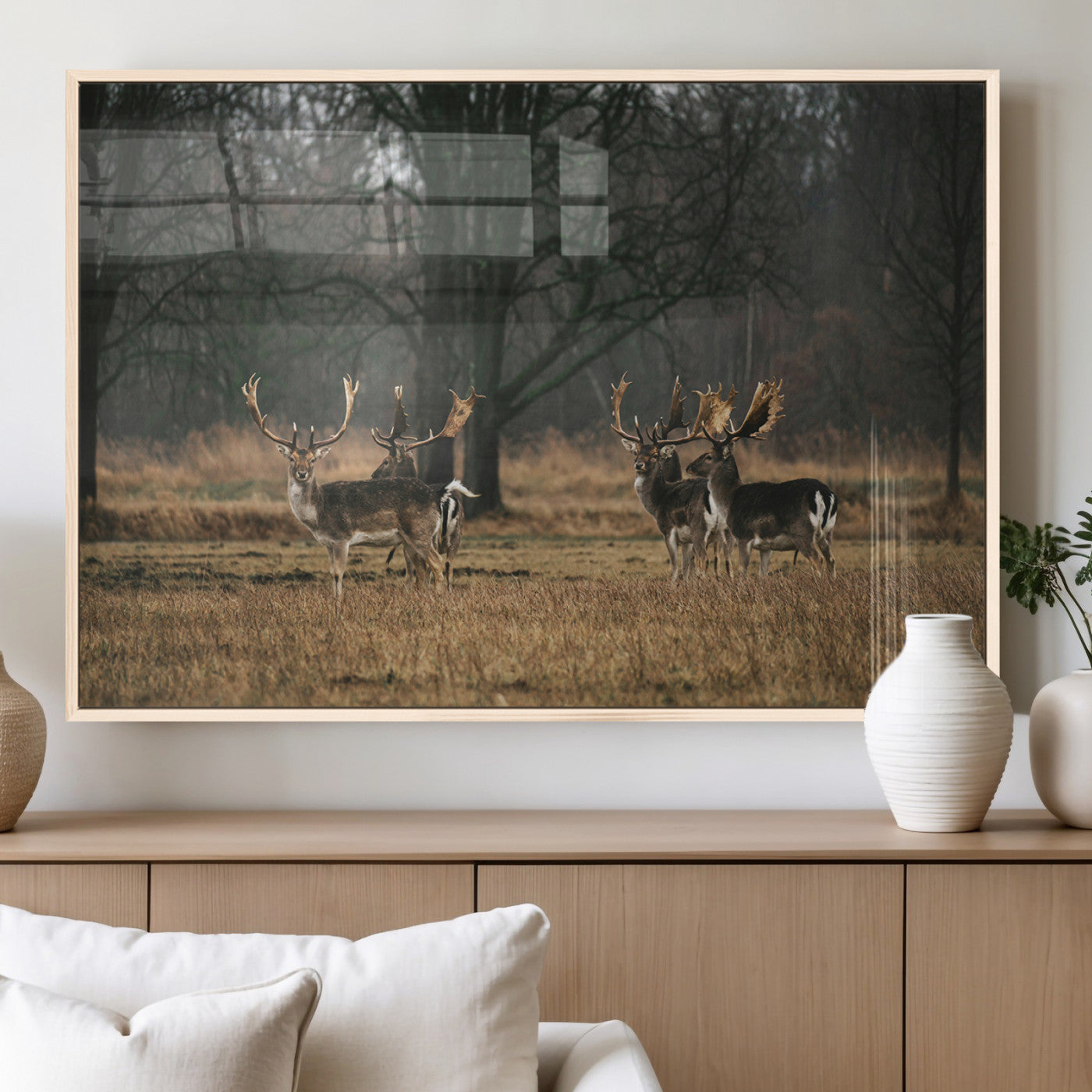 A group of majestic deer standing in a golden field with bare trees in the background, creating a peaceful woodland scene.