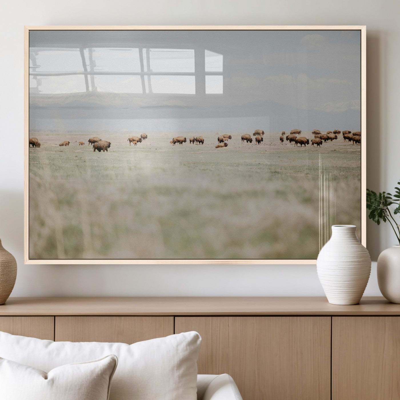 MGV-FP-60X30-3P - Bison Herd Wall Art Canvas Print, Framed Western Art Picture Print, Bison Perfect Ranch Decor Artwork
