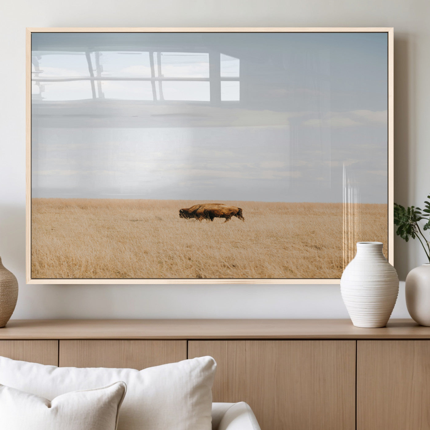 MGV-FP-36X24-3P - Minimalist Nature Wall Art Canvas Print, Framed Bison In Grassland Art Picture Print, Open Field Perfect Modern Ranch Decor Decor Artwork