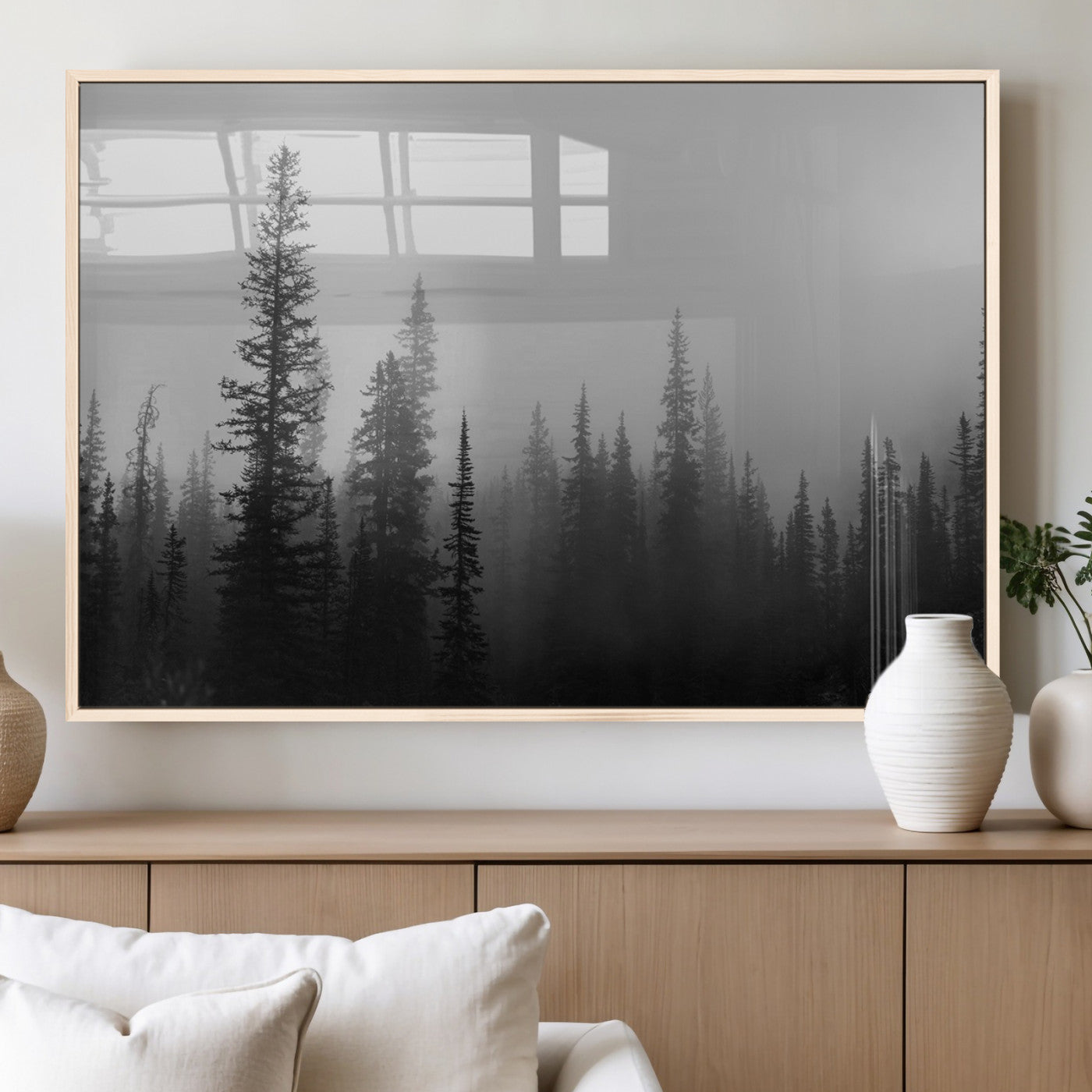 MGV-FP-60X30-3P - Misty Pines Wall Art Canvas Print, Framed Woodland Photography Art Picture Print, Minimalist Decor Perfect Rustic Decor Artwork