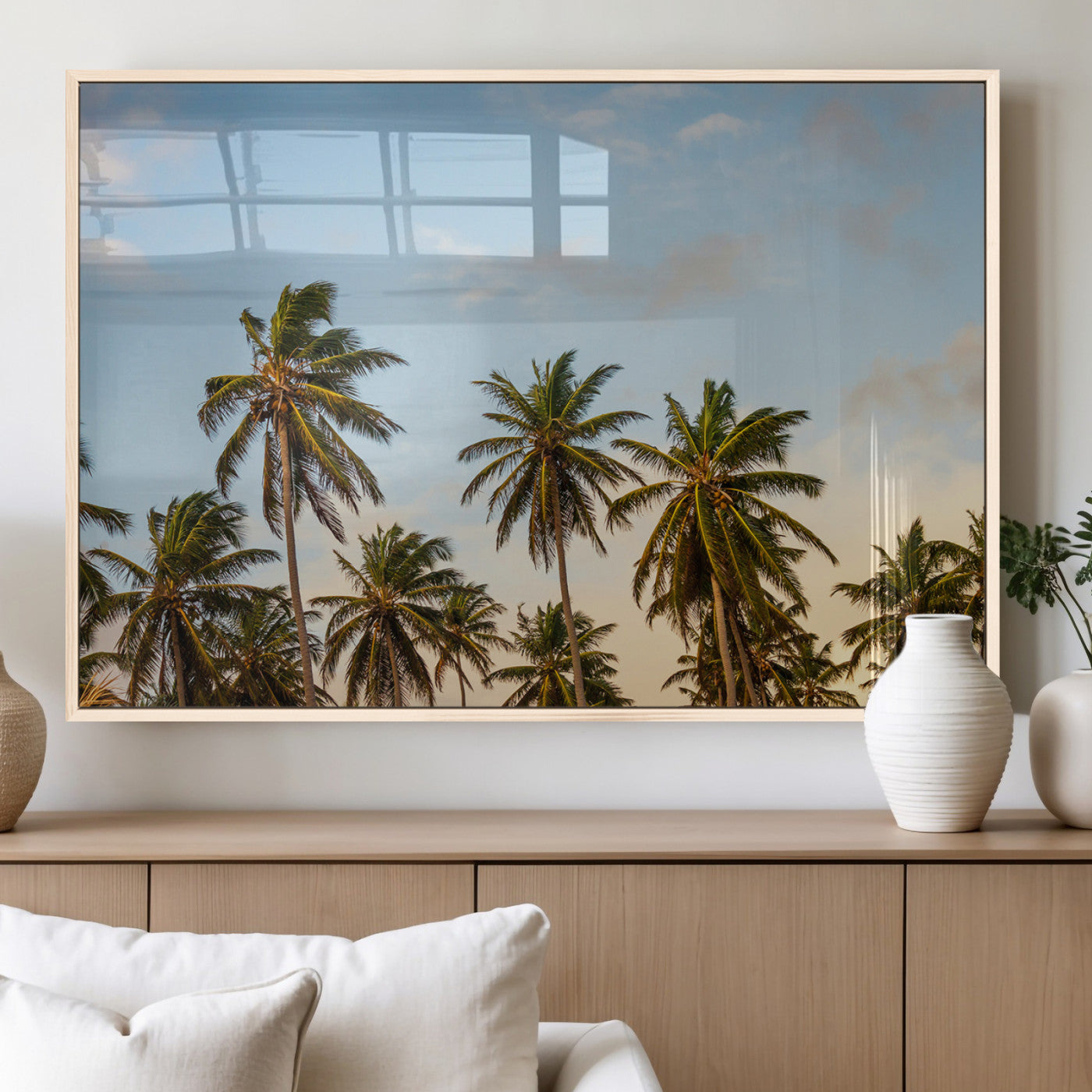 Tall palm trees swaying under a soft sunset sky, creating a tropical and relaxing atmosphere, perfect for coastal and beach-inspired wall art.