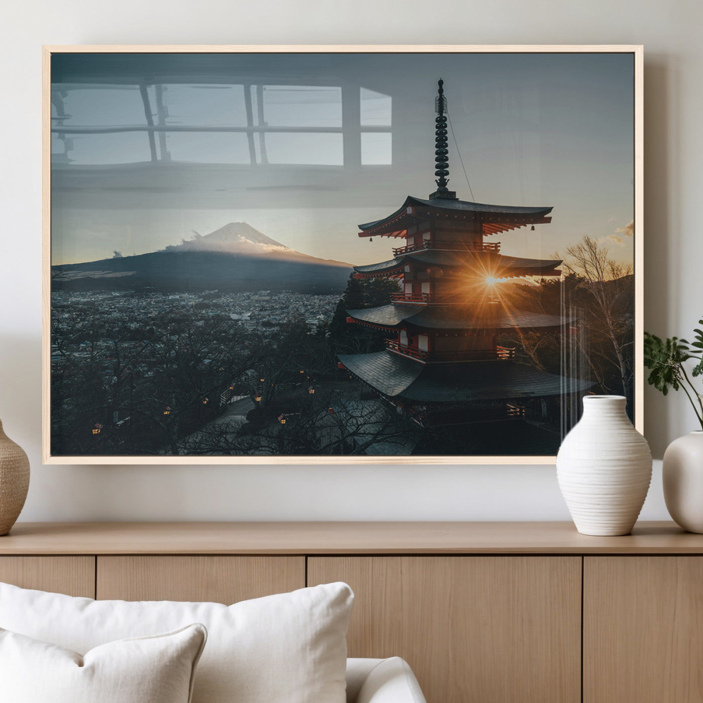 Chureito Pagoda at sunset with Mount Fuji in the background, city lights below, and golden sun rays, ideal for Japanese-inspired wall art.