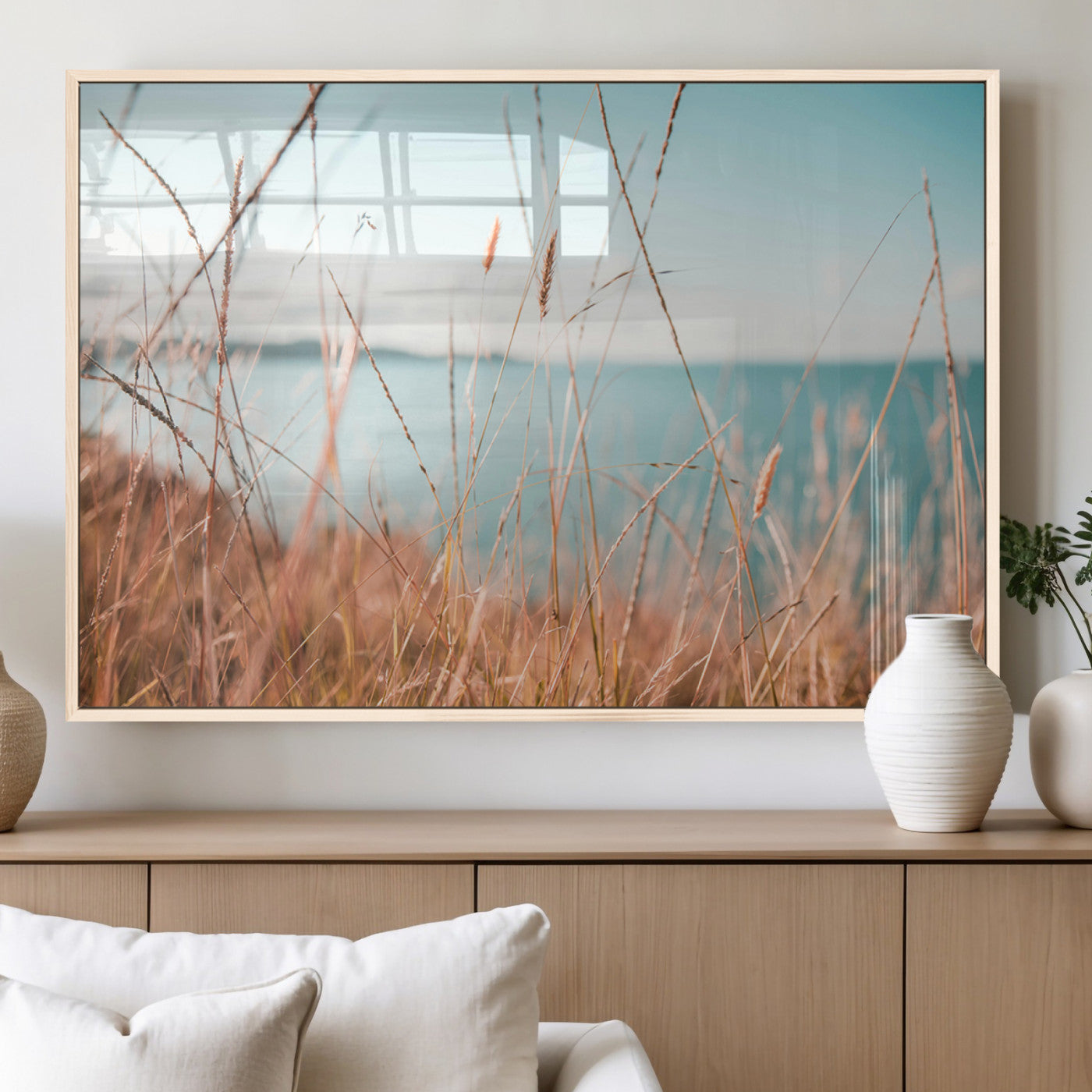 36108696-MGV-CV-60X30-3P_Natural-Golden Beach Grass Ocean Breeze Soft Focus Tranquil Coastal Calm Blue Sky Seascape Nature Wall Art Canvas Print
