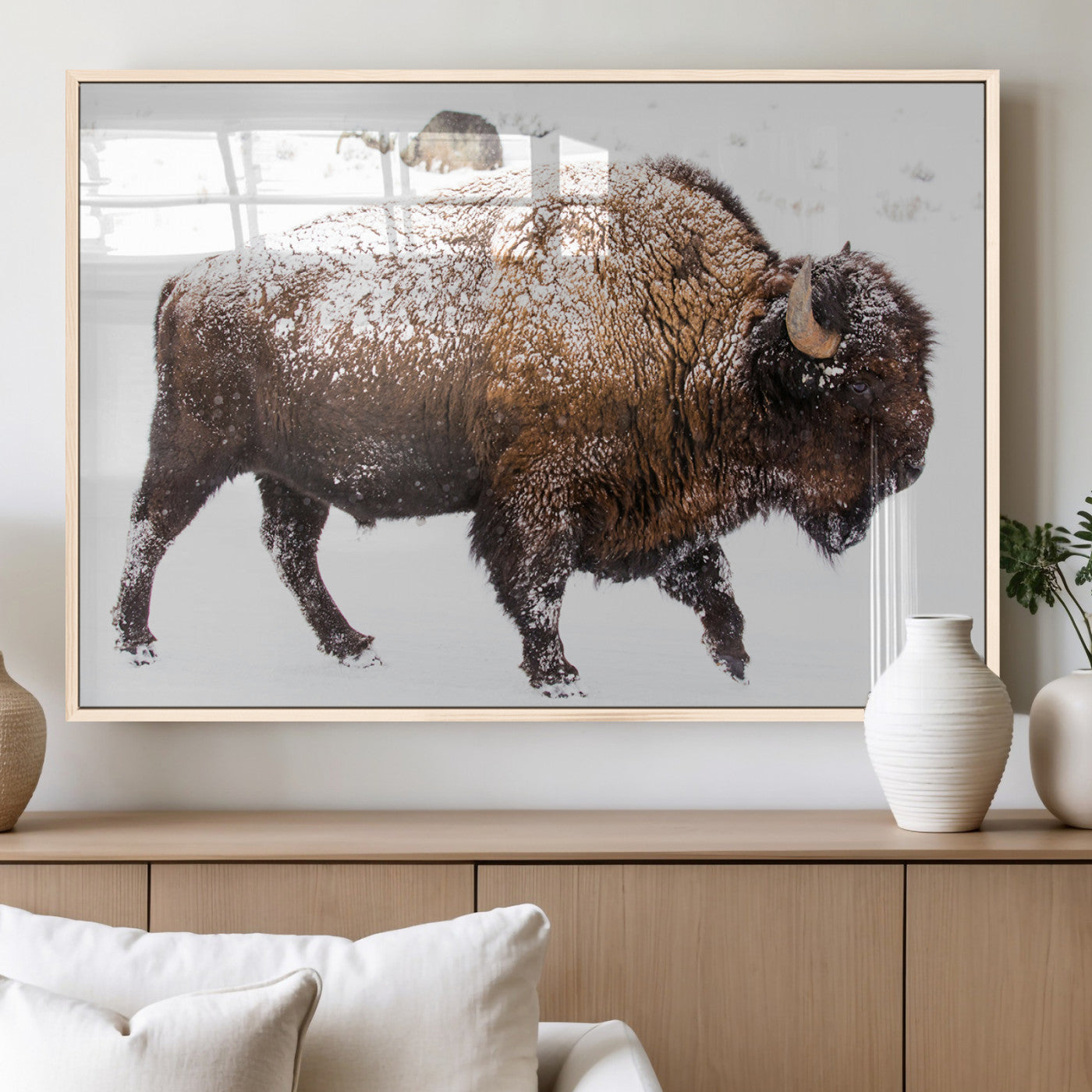 Side profile of a powerful bison walking through deep snow, with frost-covered fur and a white winter background, perfect for rustic and western decor.