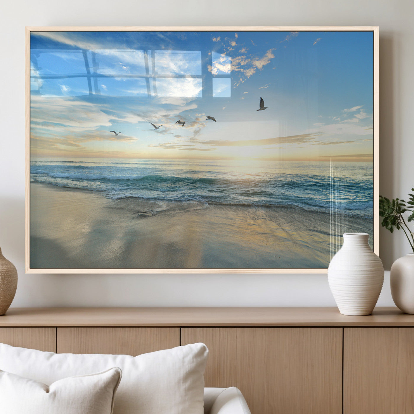 MGV-FP-60X30-3P - Minimalist Seaside Wall Art Canvas Print, Framed Morning Glow Art Picture Print, Golden Reflections Perfect Coastal Minimalist Decor Artwork