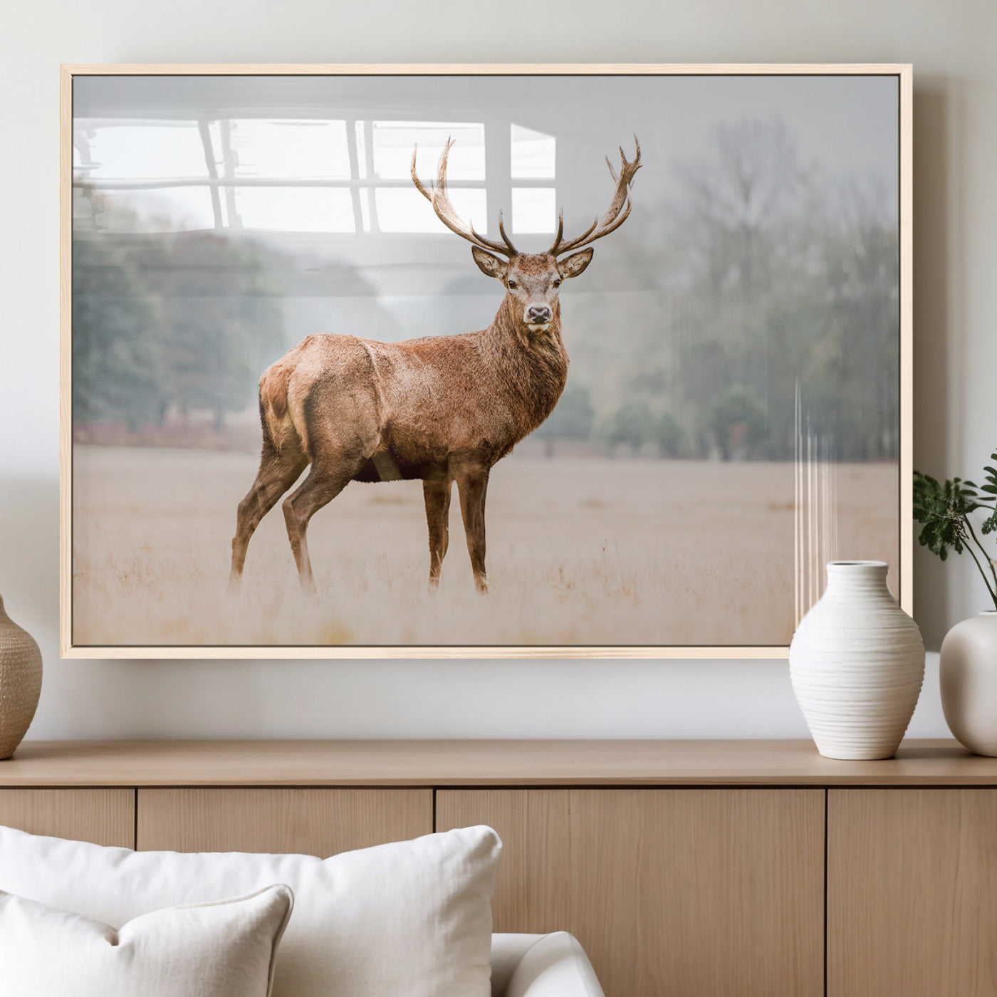 MGV-FP-36X24-3P - Vintage Wildlife Art Wall Art Canvas Print, Framed Misty Landscape Art Picture Print, Deer Wall Art Perfect Rustic Wildlife Decor Artwork