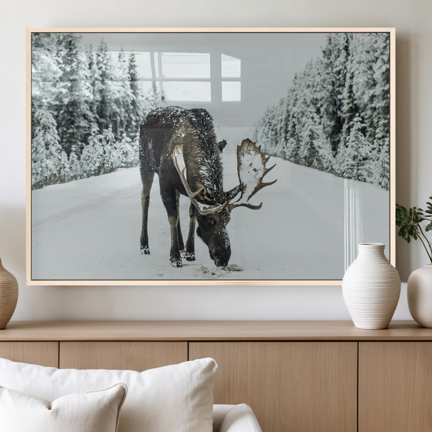 MGV-FP-60X30-3P - Moose in Snow Wall Art Canvas Print, Framed Winter Wildlife Art Picture Print, Snowy Forest Scene Perfect Rustic Lodge Decor Artwork
