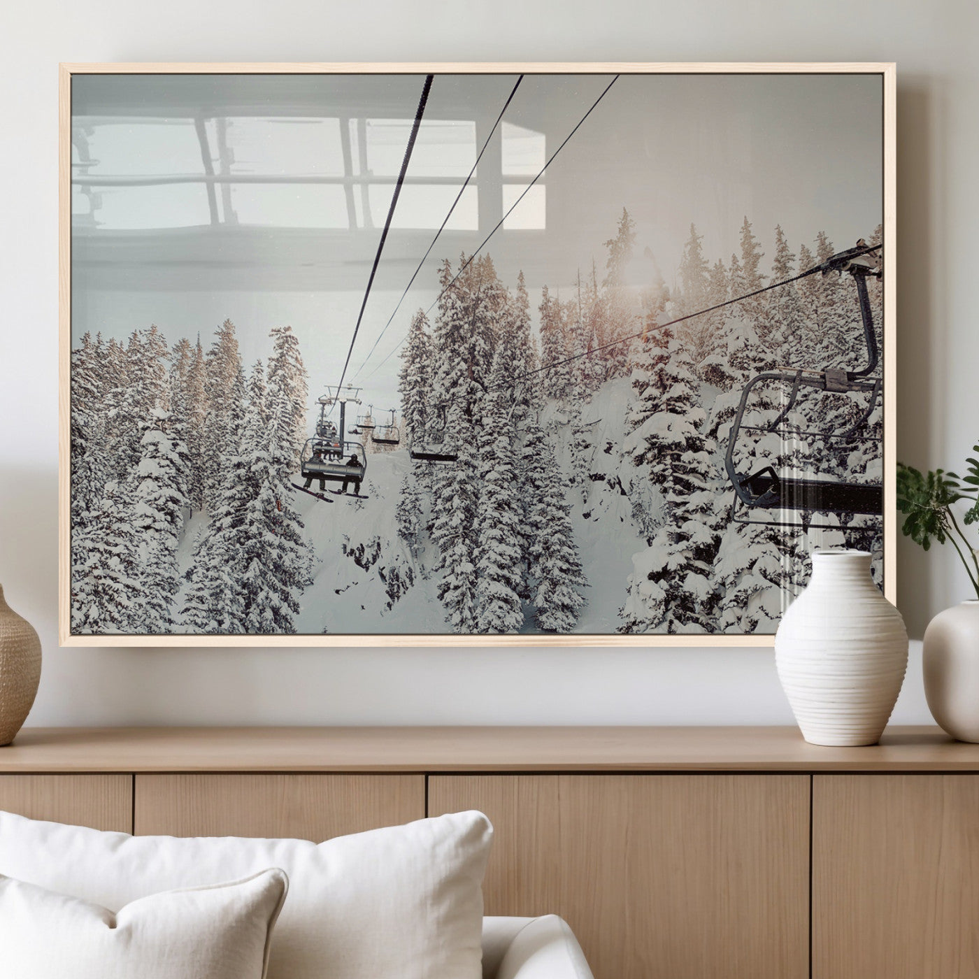 MGV-FP-60X30-3P - Frosty Pines Wall Art Canvas Print, Framed Cozy Cabin View Art Picture Print, Ski Lift Ride Perfect Rustic Lodge Decor Artwork