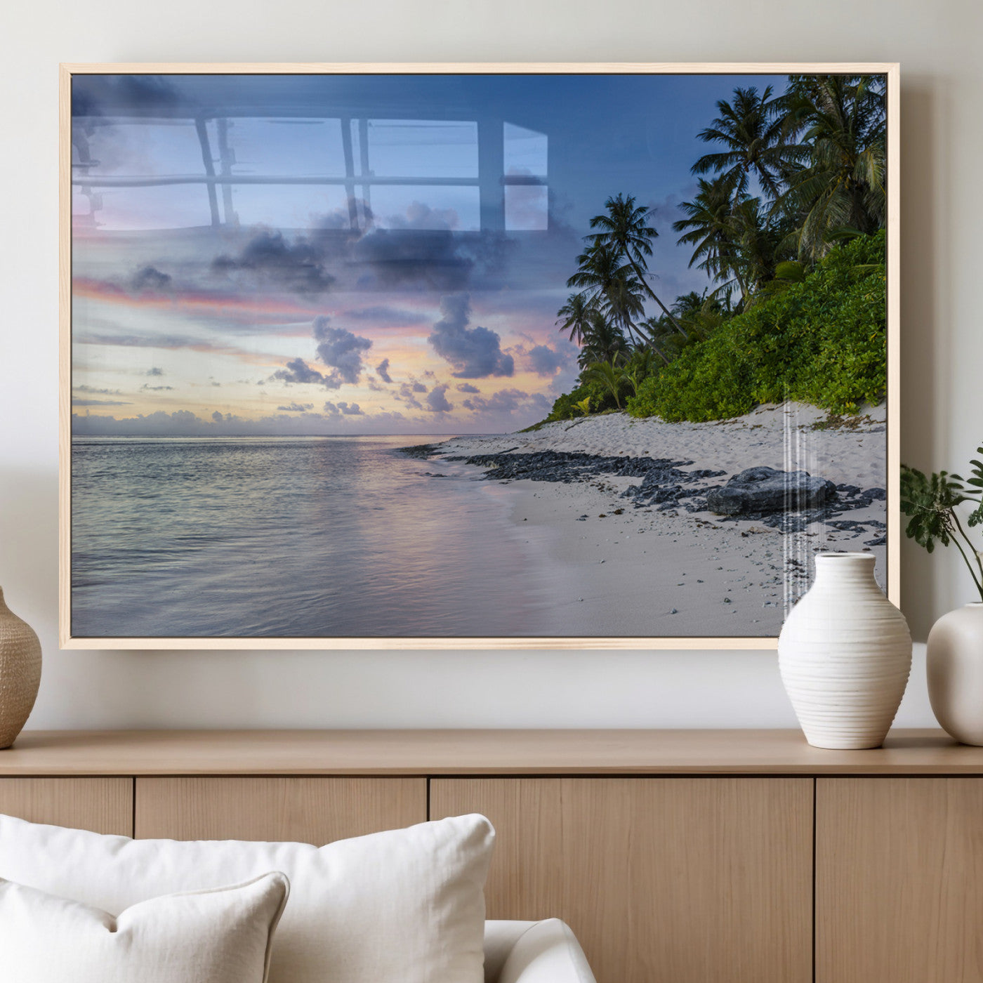 MGV-FP-60X30-3P - Tropical Beach Wall Art Canvas Print, Framed Sunset Glow Art Picture Print, Palm Tree Coast Perfect Tropical Coastal Decor Artwork