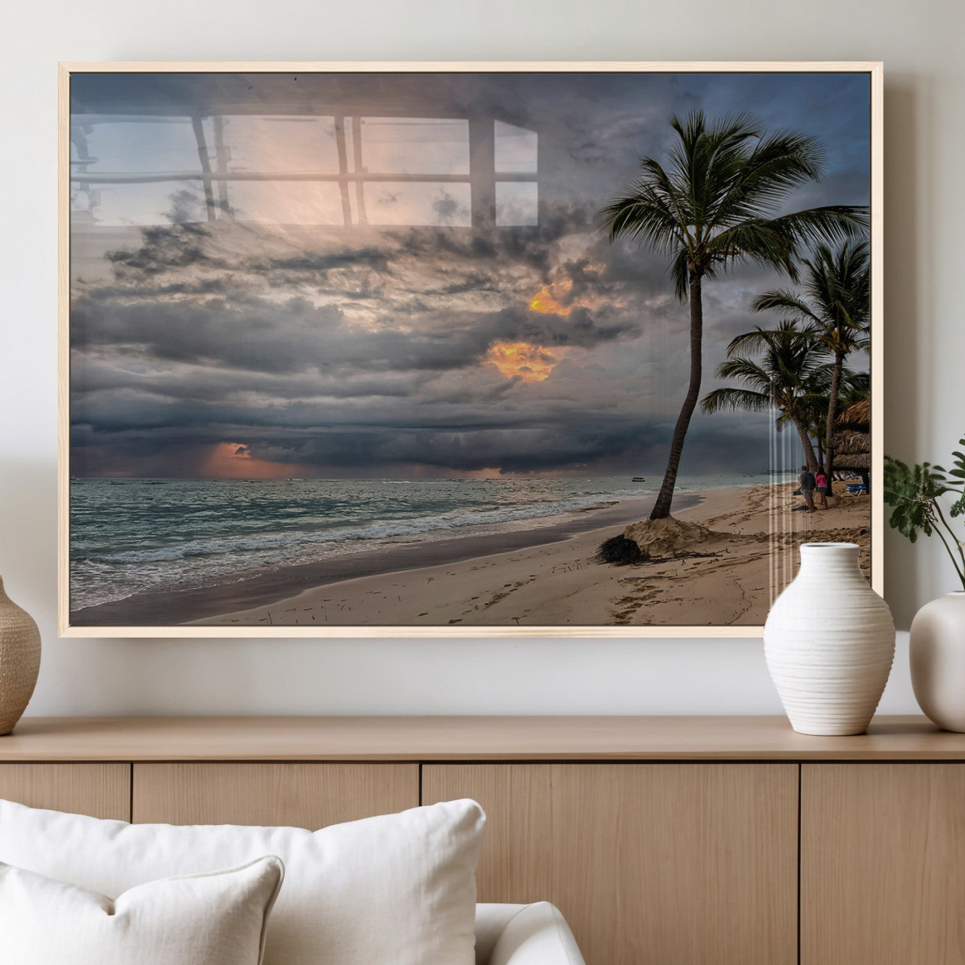 MGV-FP-60X30-3P - Tropical Storm Wall Art Canvas Print, Framed Moody Beach Art Picture Print, Dramatic Sky Perfect Tropical Coastal Decor Artwork