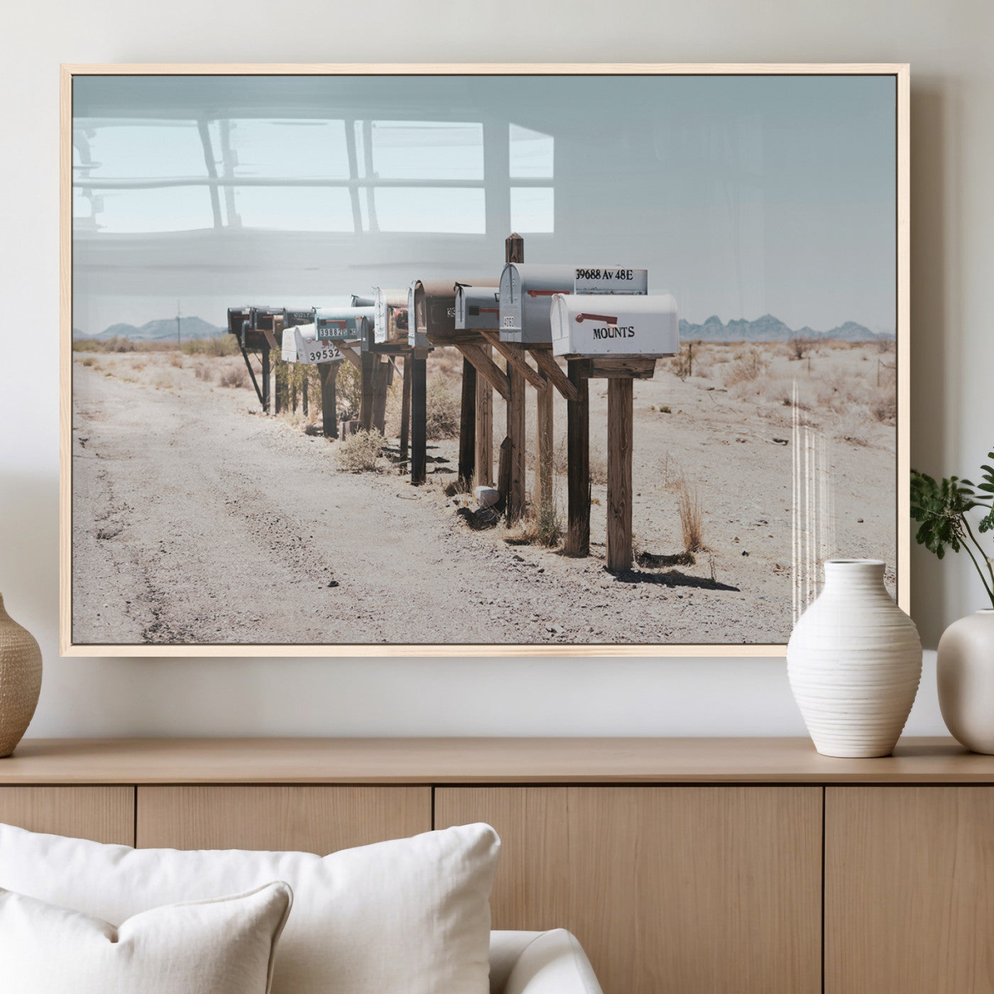 MGV-FP-36X24-3P - Desert Mailboxes Canvas Print – Minimal Western Landscape Photography, Rustic Americana Wall Art for