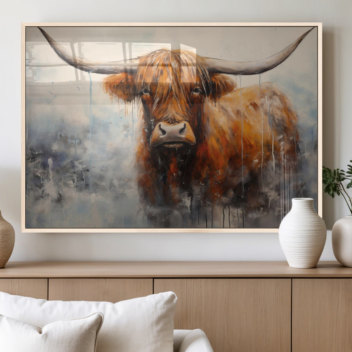 MGV-FP-60X30-3P - Scottish Highland Wall Art Canvas Print, Framed Longhorn Art Picture Print, Western Cow Perfect Farmhouse Decor Artwork