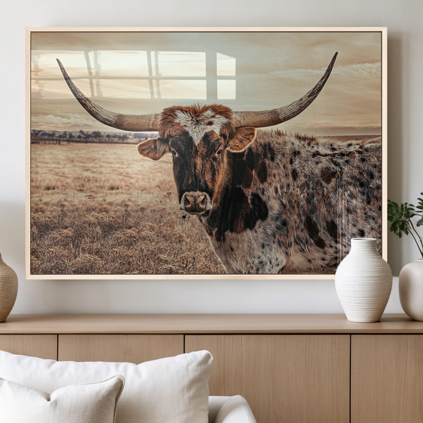 Close-up of a longhorn cow with distinctive curved horns standing in a dry grass field under a cloudy sky.