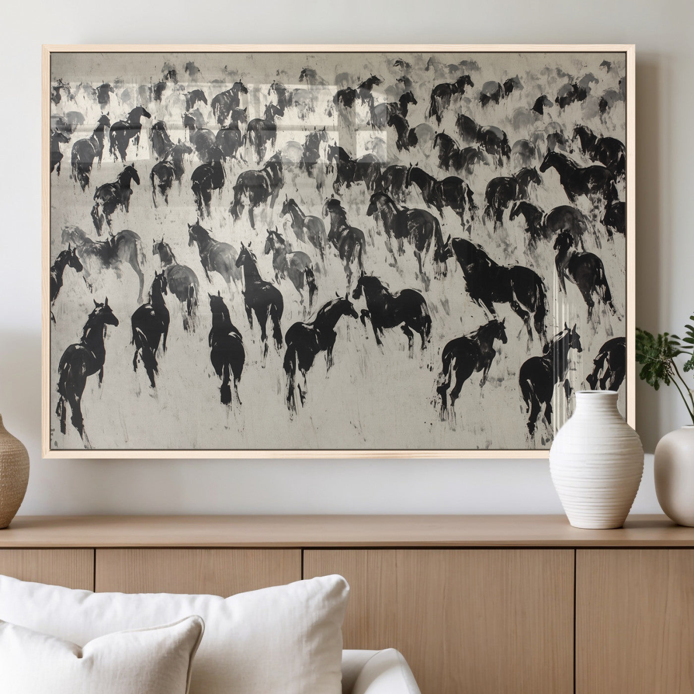 MGV-FP-36X24-3P - Wild Horse Stampede Wall Art Canvas Print – Monochrome Ink Brush Painting of Running Horses, Perfect