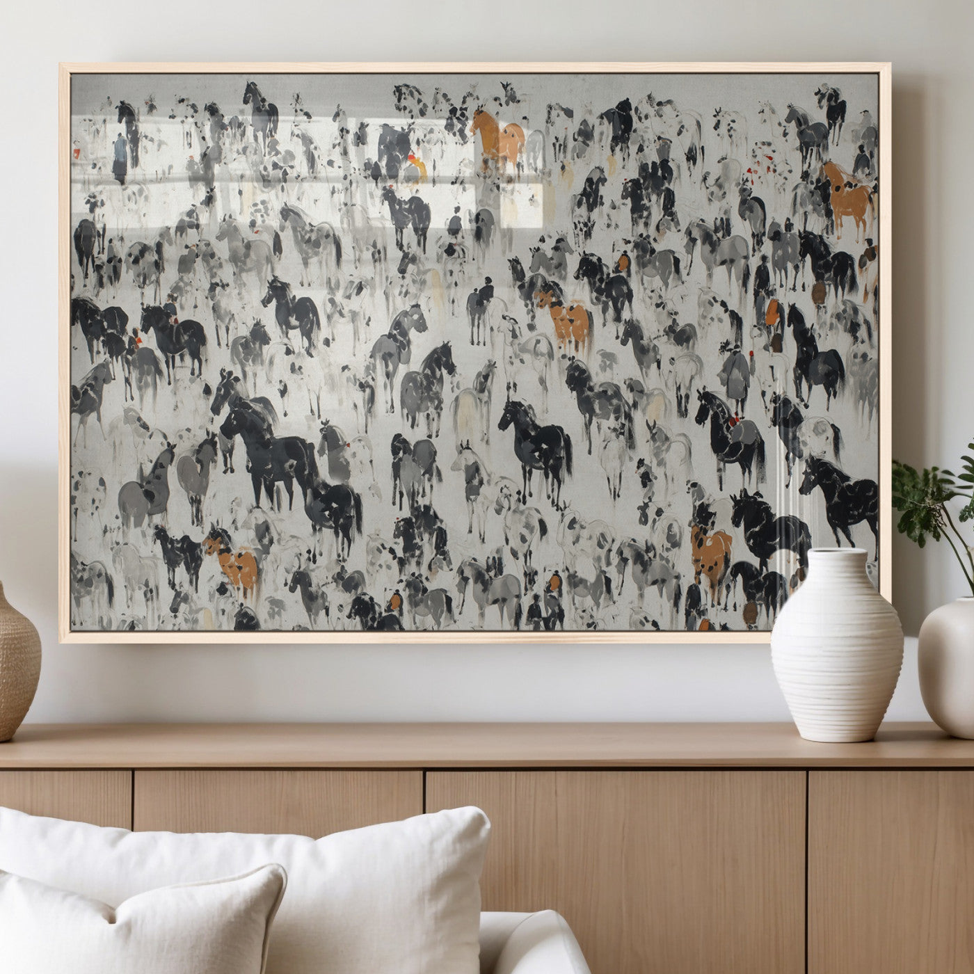 MGV-FP-60X30-3P - Wild Horse Stampede Wall Art Canvas Print – Monochrome Ink Brush Painting of Running Horses, Perfect