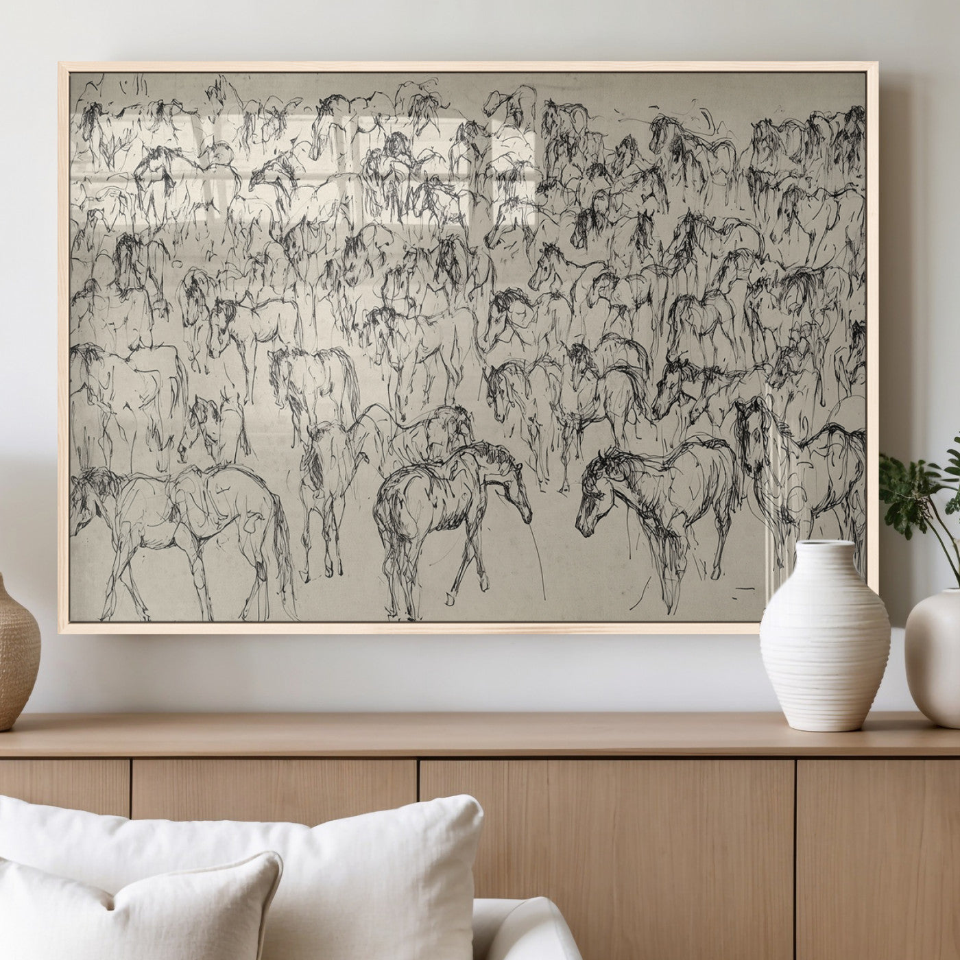 MGV-FP-36X24-3P - Wild Horse Stampede Wall Art Canvas Print – Monochrome Ink Brush Painting of Running Horses, Perfect