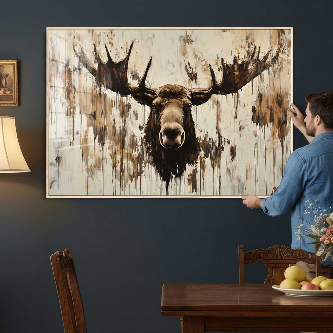 34496536-MGV-CV-36X24 - Powerful Moose Portrait Wall Art – Rich Earthy Tones, Expressive Brushstrokes, Striking Gaze, Raw Nature Vibes Decor for Home or Office