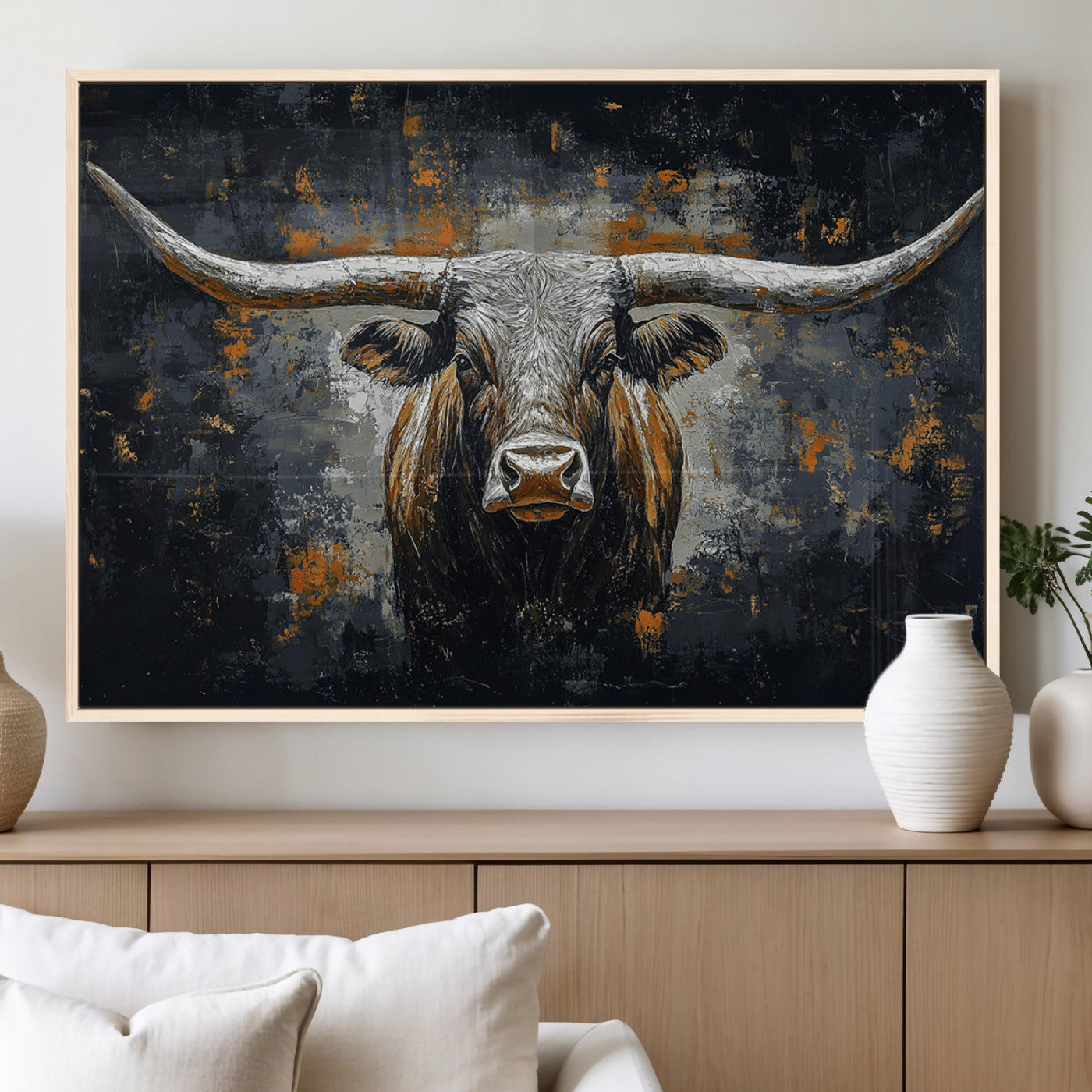 93195031-MGV-CV-36X24-Rustic Longhorn Bull Wall Art Canvas Print – Vintage Western Cattle Painting, Texas Steer Artwork for Ranch, Farmhouse or Cowboy Decor