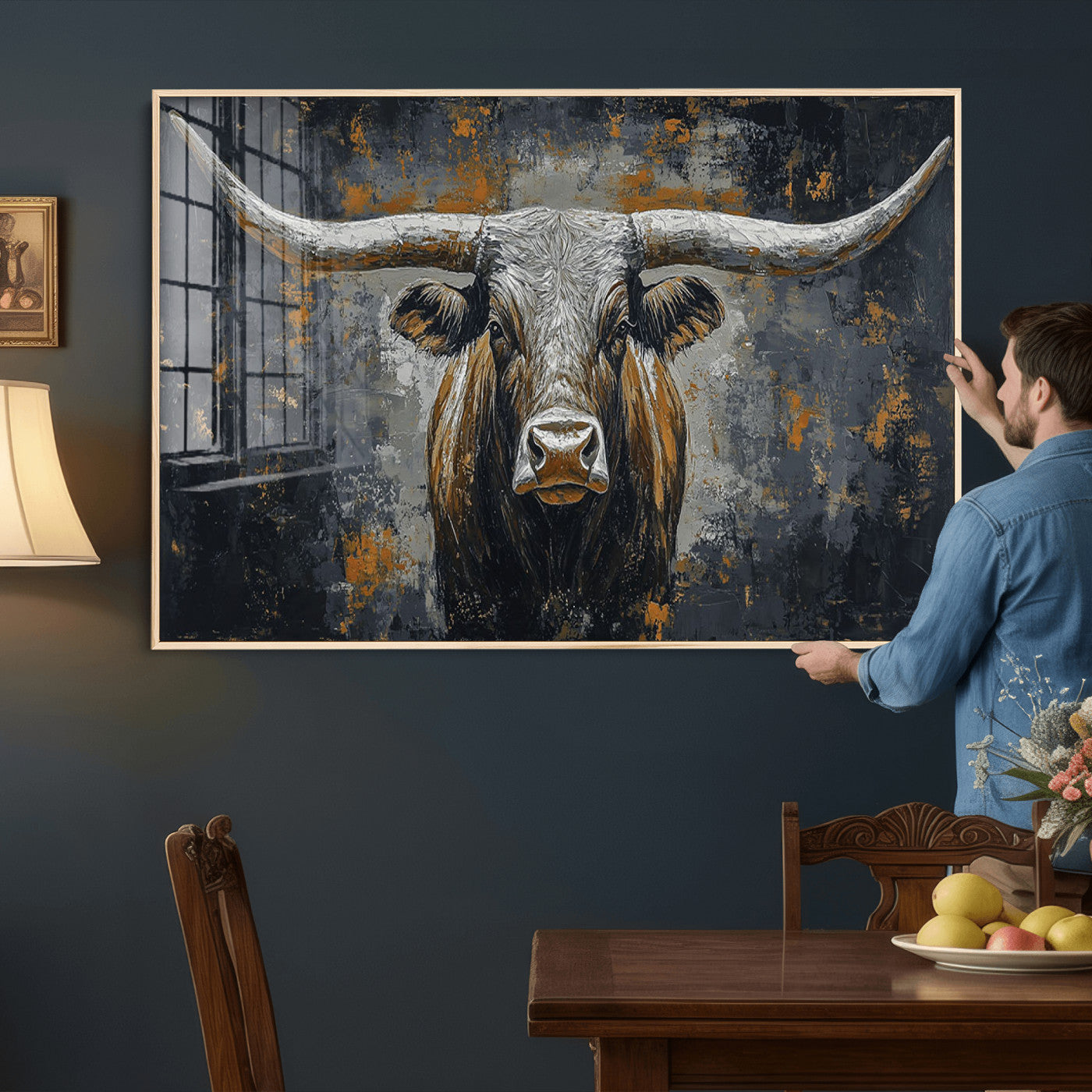 73972561-MGV-CV-36X24 - Bold Bull Wall Art Canvas – Striking Portrait with Wide Horns and Rich Brown Hues, Rustic Farmhouse and Western Decor for Home Room