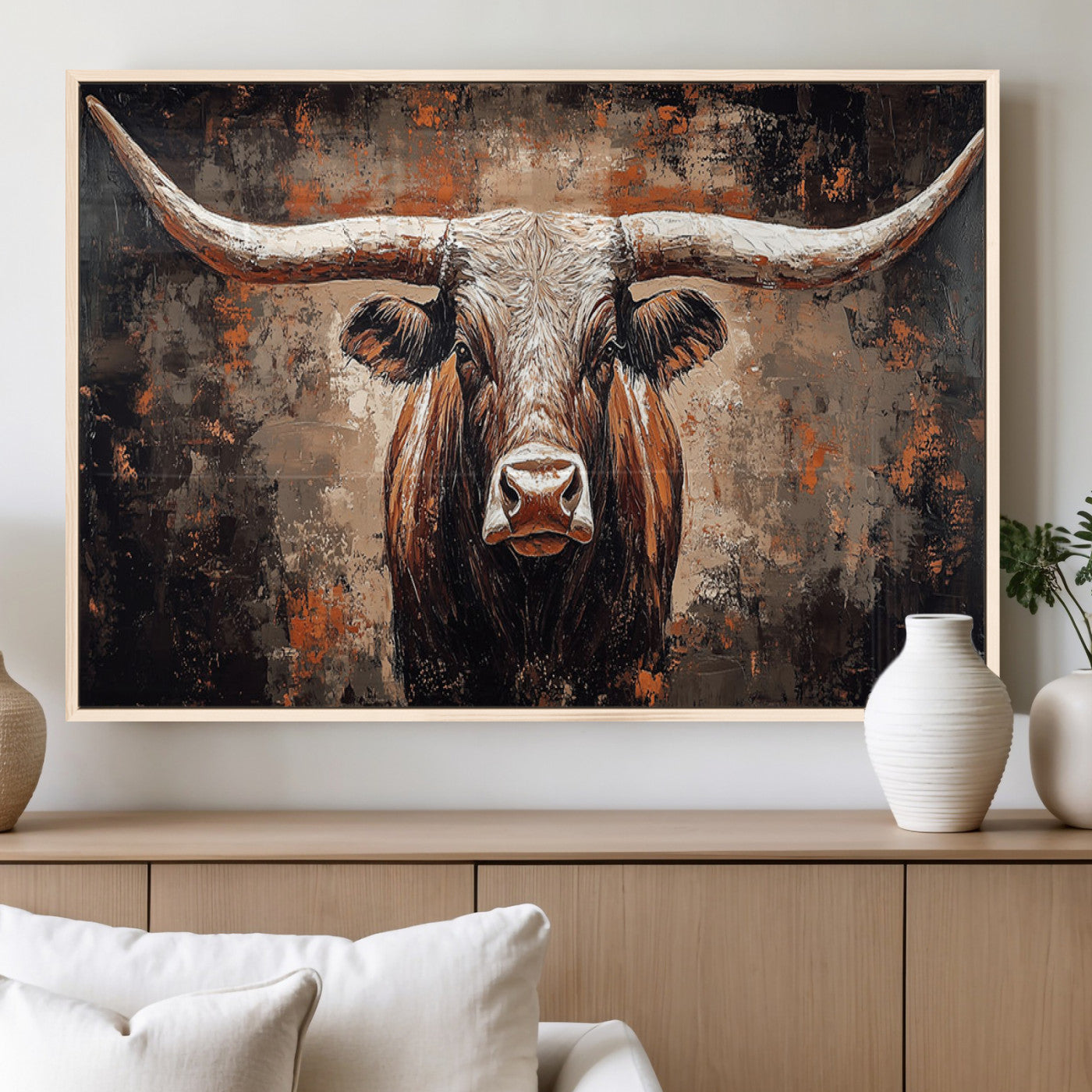 42732393-MGV-CV-36X24-Rustic Longhorn Bull Wall Art Canvas Print – Vintage Western Cattle Painting, Texas Steer Artwork for Ranch, Farmhouse or Cowboy Decor