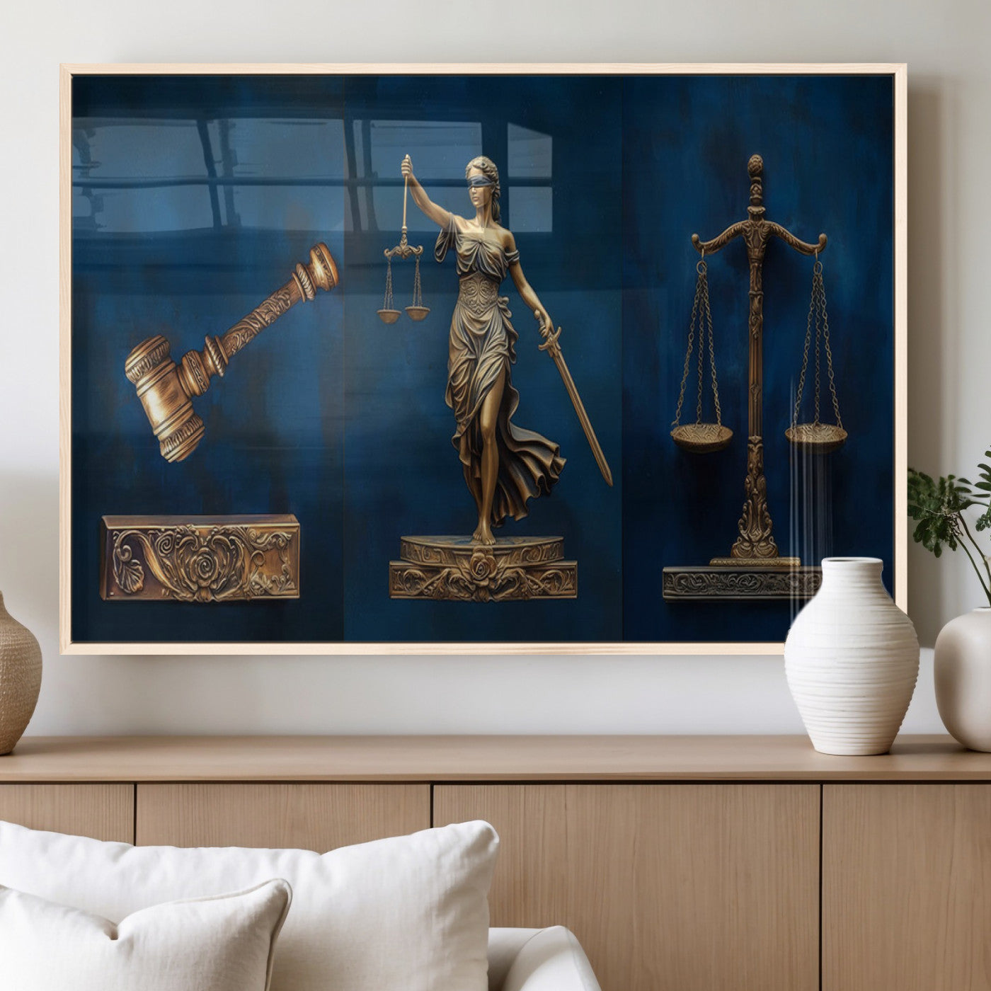 MGV-FP-36X24-3P - Lady Justice Wall Art Canvas Print – Elegant Gold Legal Symbols on Blue Background, Perfect for Law