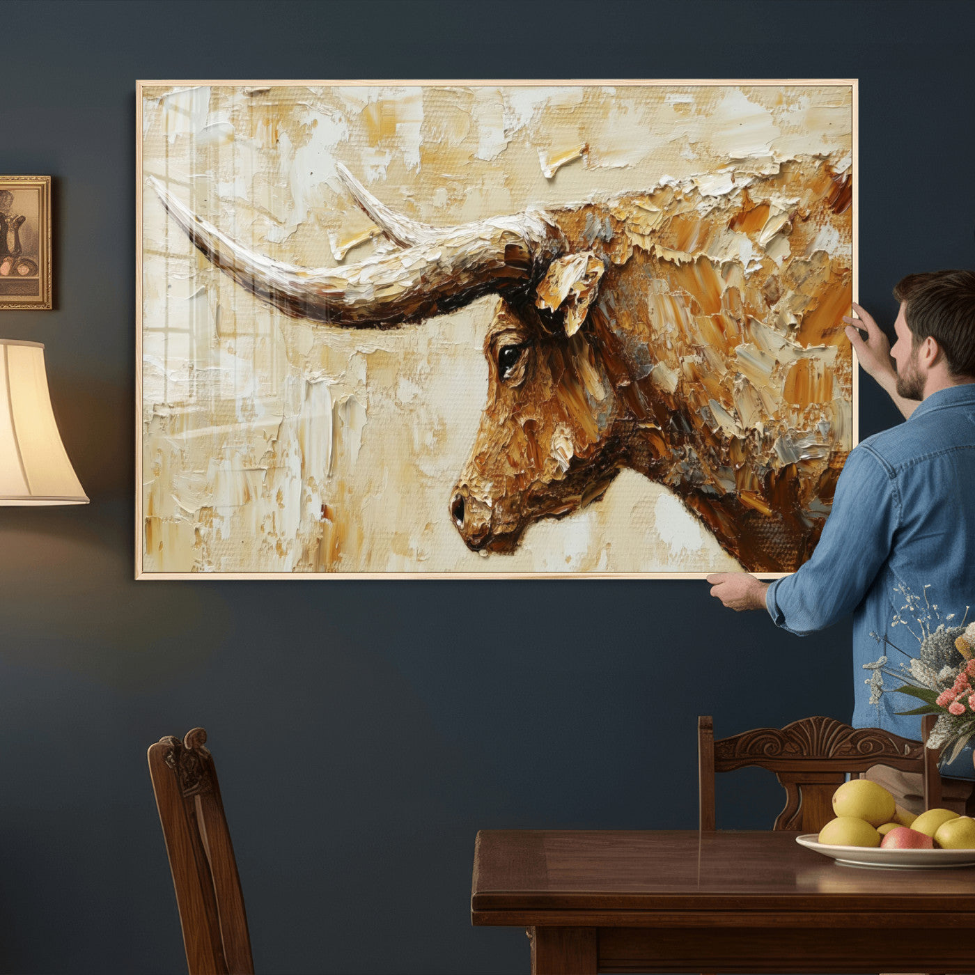 69611428-MGV-CV-36X24 - Rustic Longhorn Bull Wall Art Canvas Print – Vintage Western Cattle Painting, Texas Abstract Wall Cow Prints