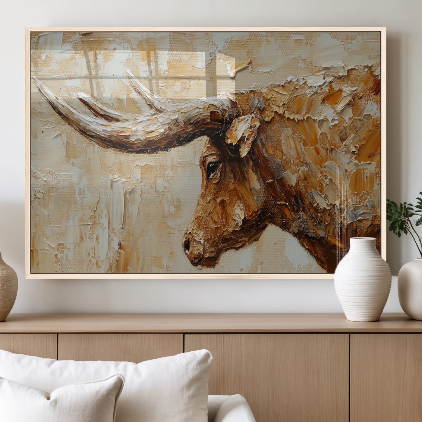 MGV-FP-60X30-3P - Rustic Longhorn Bull Wall Art Canvas Print – Vintage Western Cattle Painting, Texas Steer Artwork