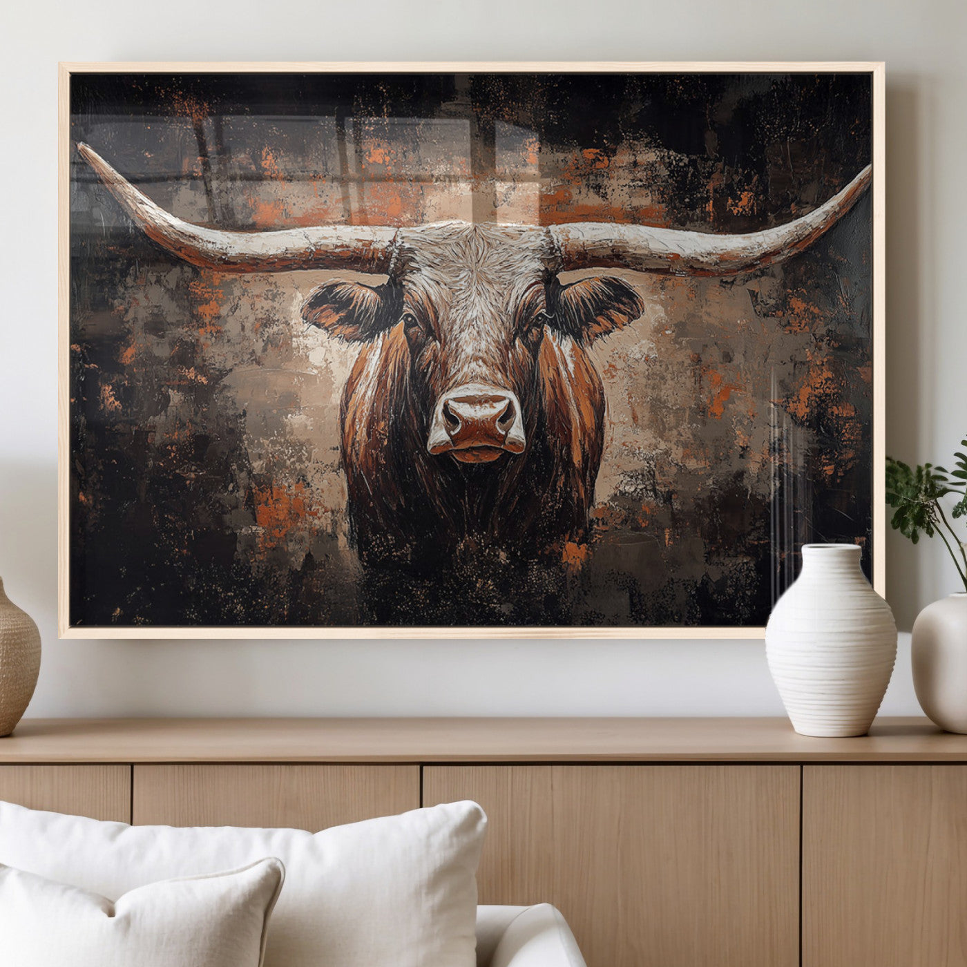 MGV-FP-36X24-3P - Rustic Longhorn Bull Wall Art Canvas Print – Vintage Western Cattle Painting, Texas Steer Artwork for Ranch, Farmhouse or Cowboy Decor