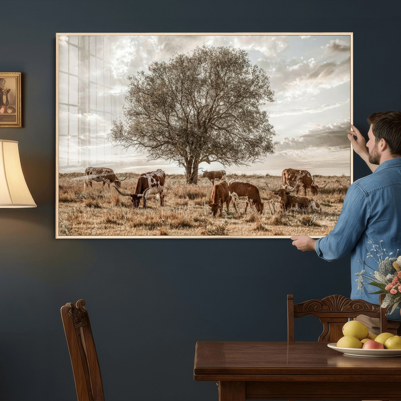 87590224-MGV-CV-36X24 - Texas Longhorn Cattle Wall Art Canvas Print – Rustic Western Ranch Scene with Steers at Sunset, Perfect for Farmhouse or Cowboy Decor