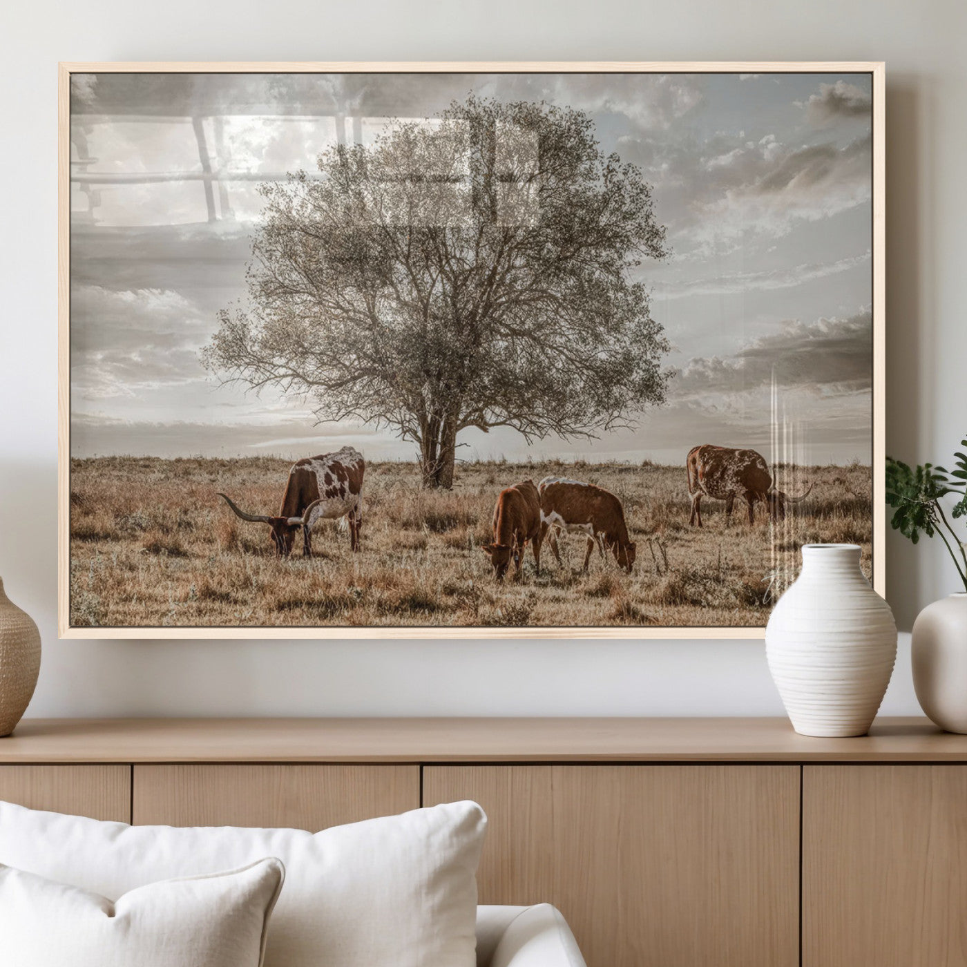 Texas Longhorn Cattle Wall Art Canvas Print – Rustic Western Ranch Scene with Steers at Sunset, Perfect for Farmhouse or Cowboy Decor