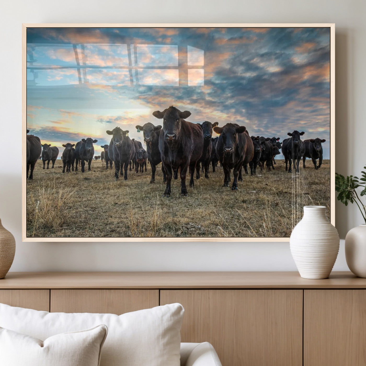 MGV-FP-60X30-3P - Texas Longhorn Cattle Wall Art Canvas Print – Rustic Western Ranch Scene with Steers at Sunset,