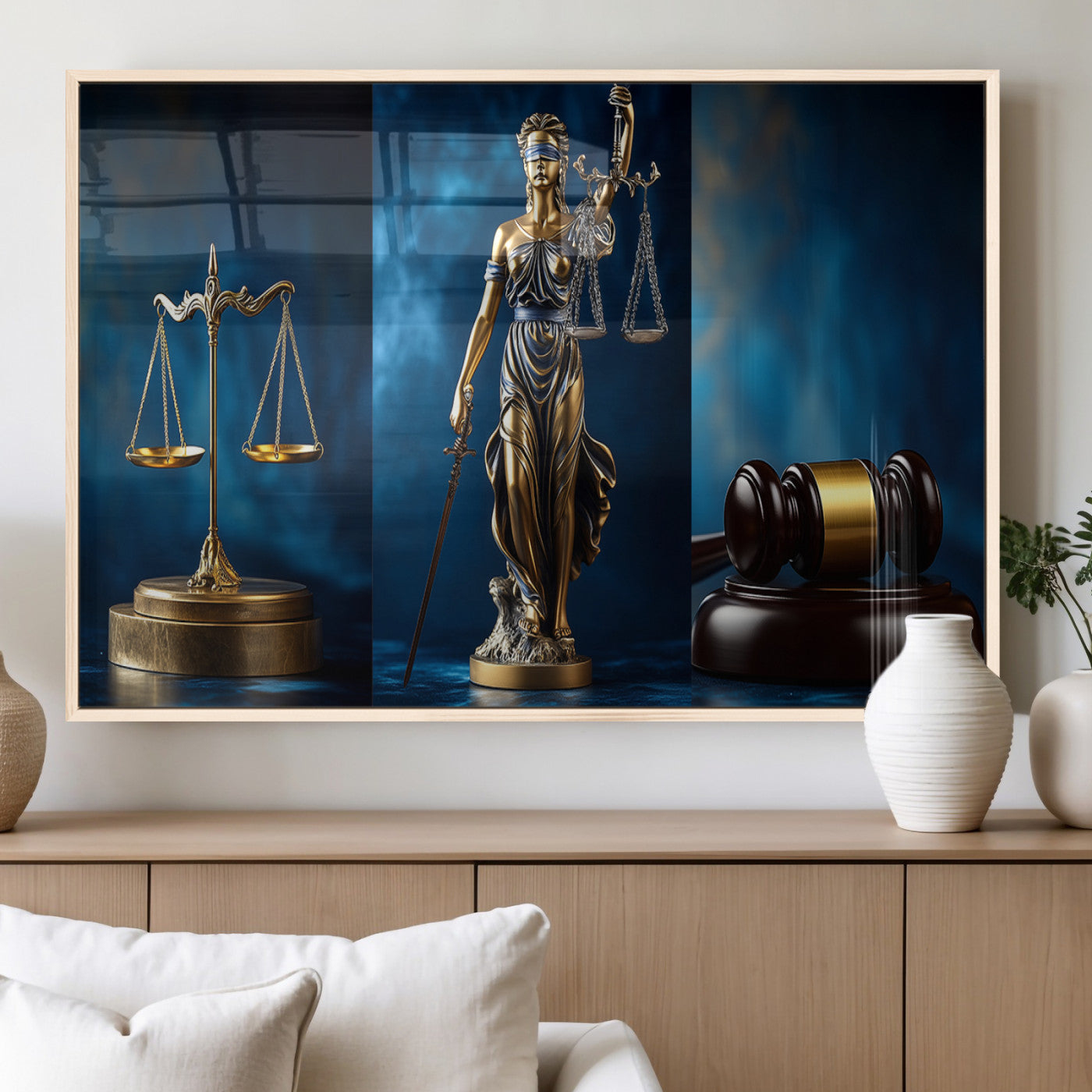 MGV-FP-36X24-3P - Lady Justice Wall Art Canvas Print – Elegant Gold Legal Symbols on Blue Background, Perfect for Law