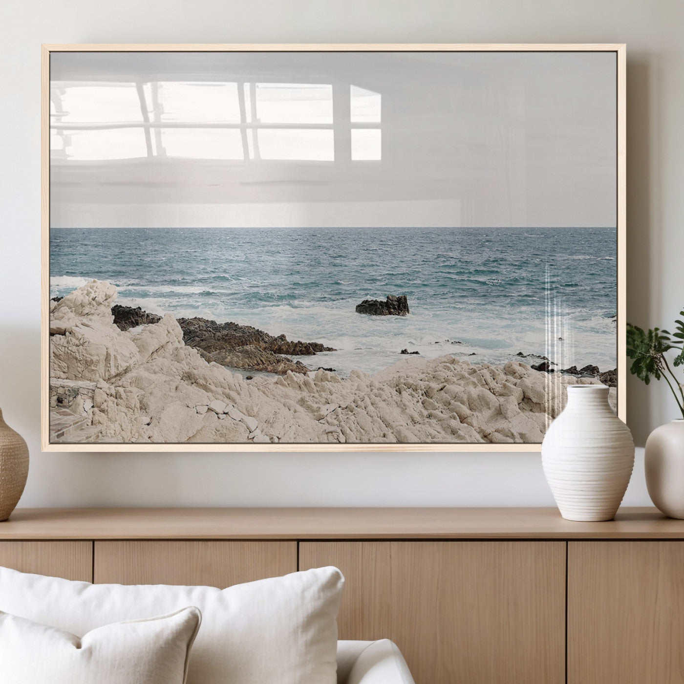 MGV-FP-60X30-3P - Coastal Ocean View Wall Art Canvas Print – Serene Rocky Shoreline and Blue Sea Photography for